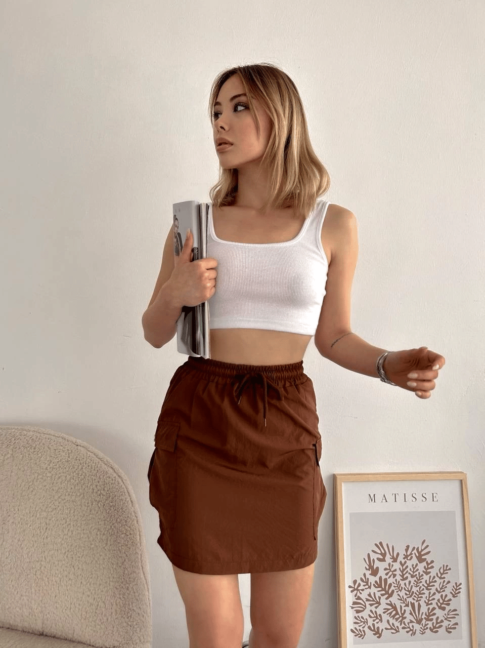 Kargo cep ince paraşüt etek kahve s241019
