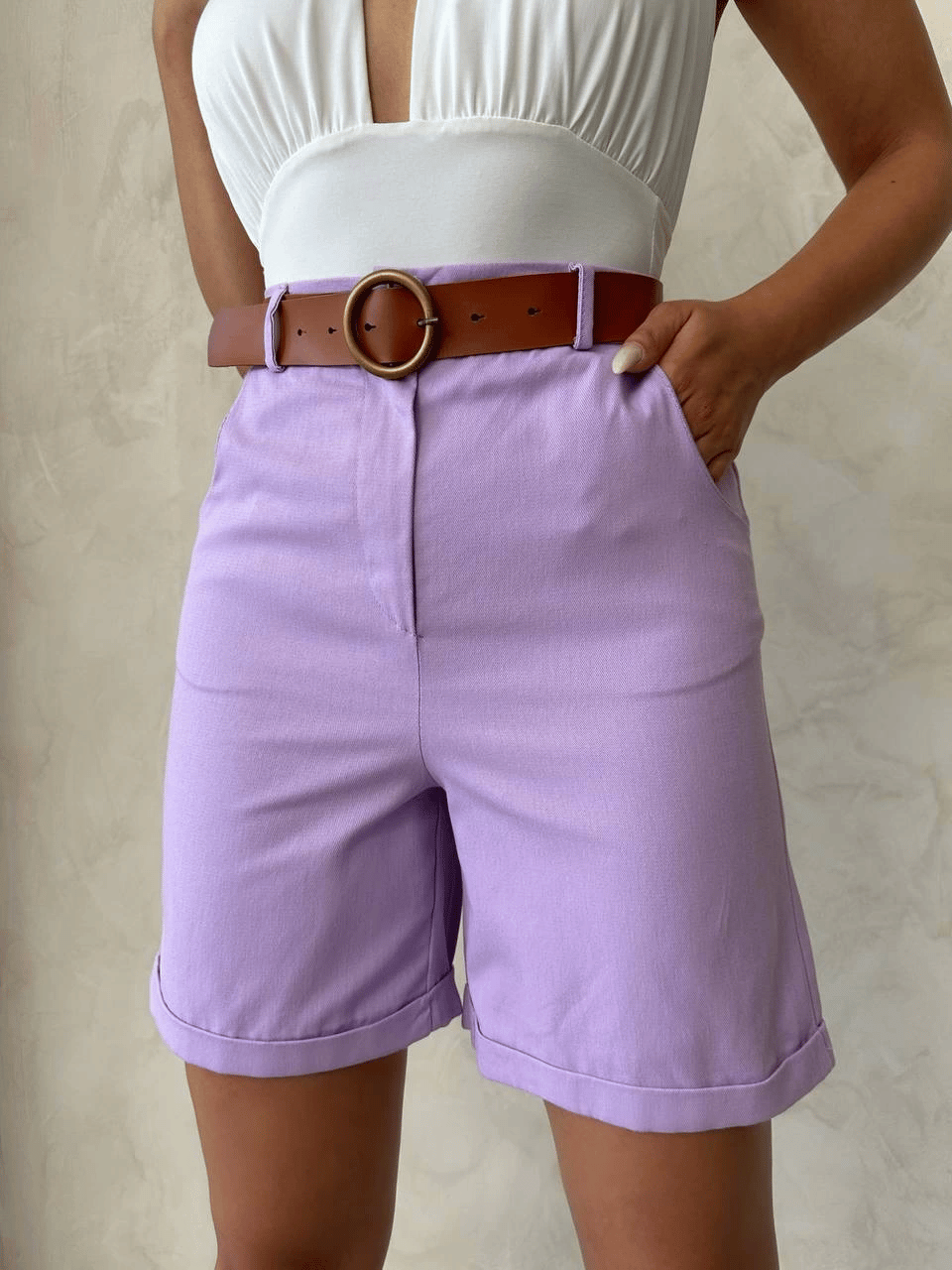 Kemerli gabardin şort lila s25735