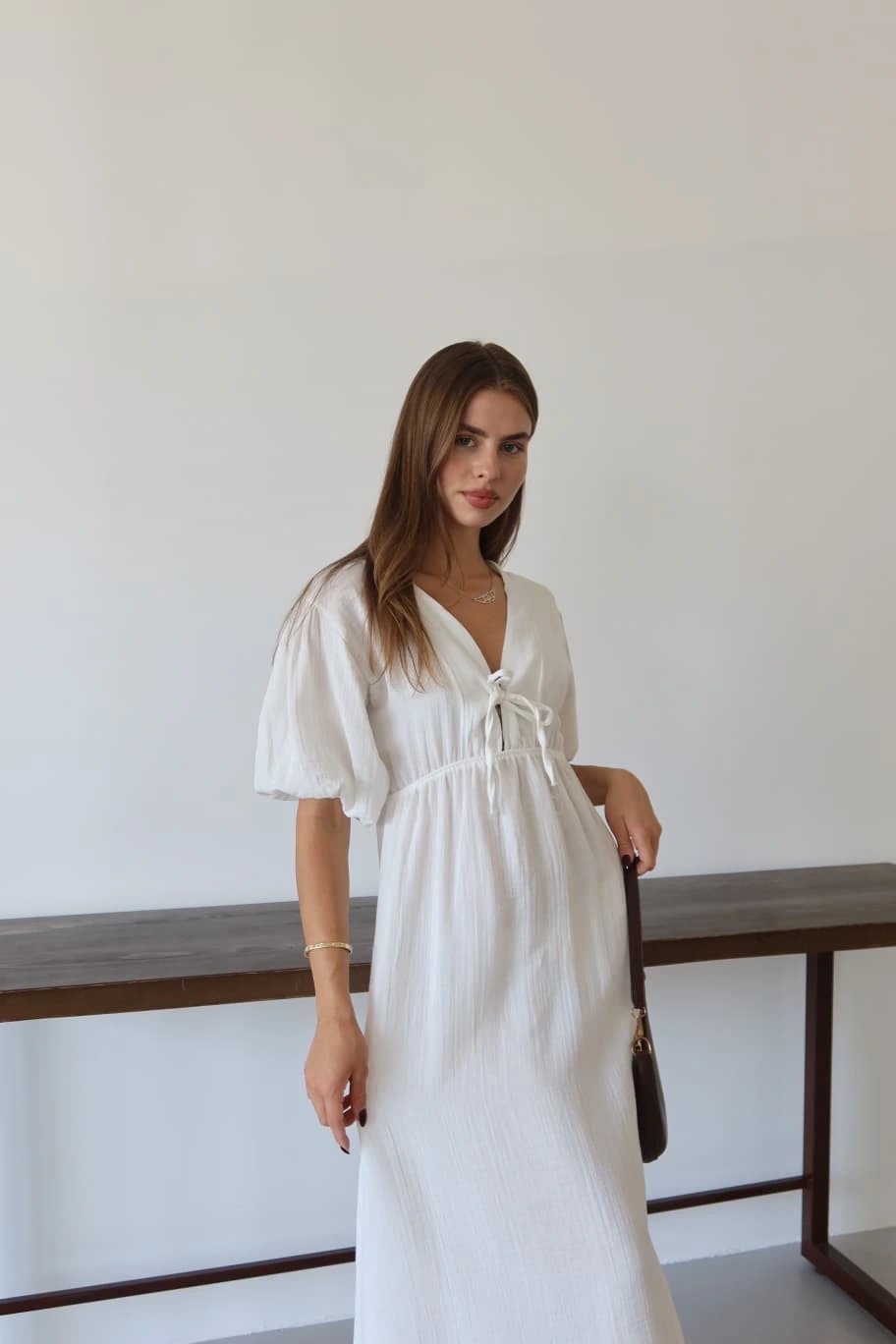 Kısa kollu müslin elbise beyaz pt