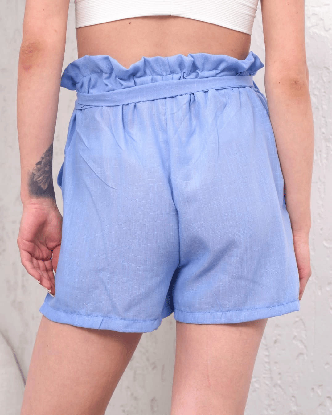 Kuşaklı keten şort mavi s255265