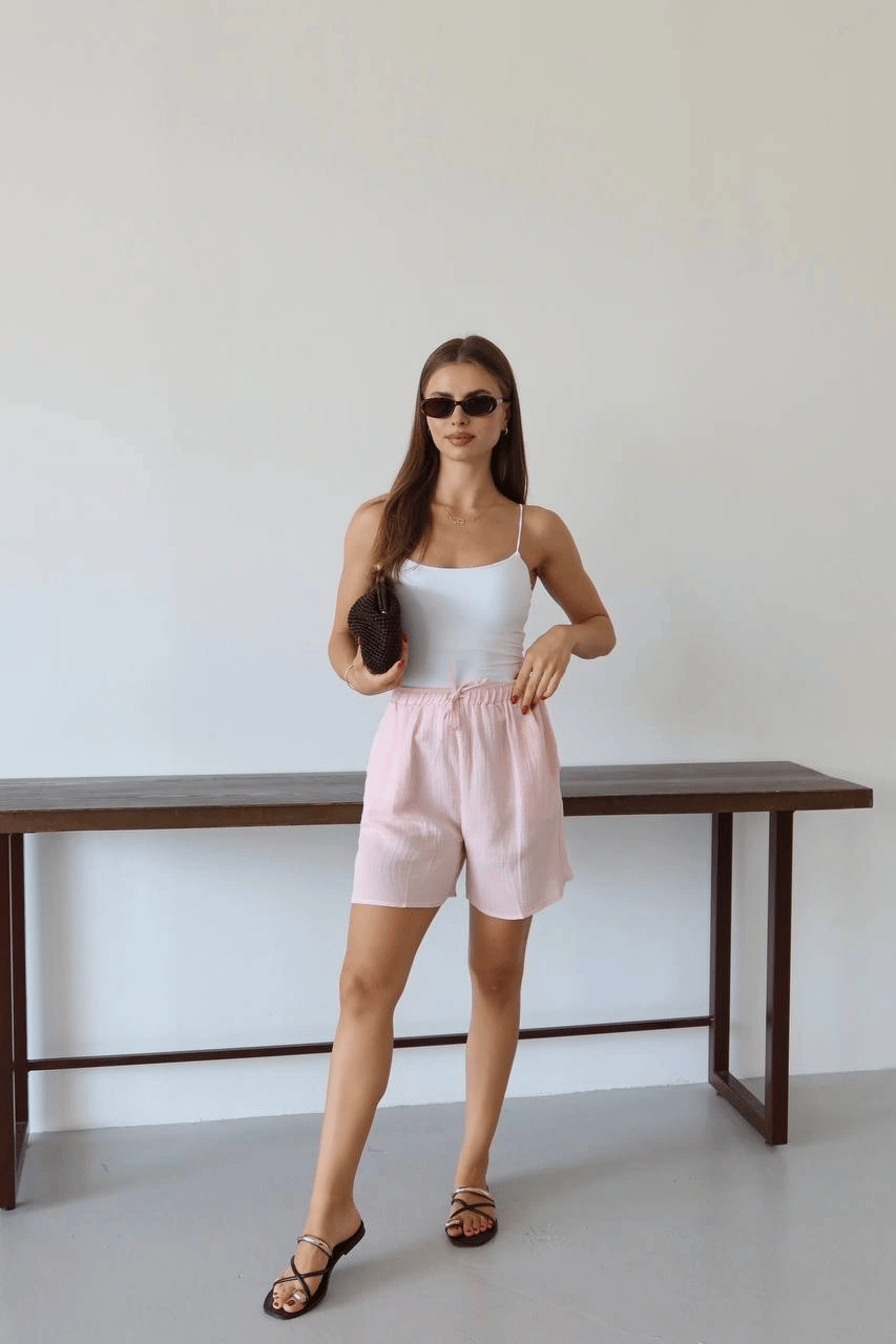 Müslin kumaş şort bağcıklı pembe pt