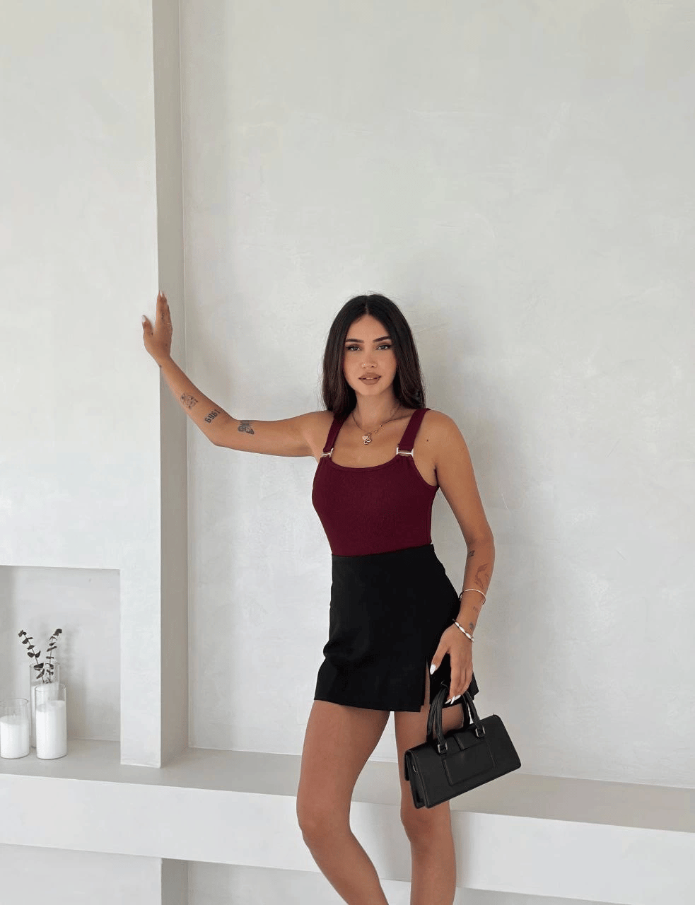 Ottoman toka askılı bluz bordo s4194