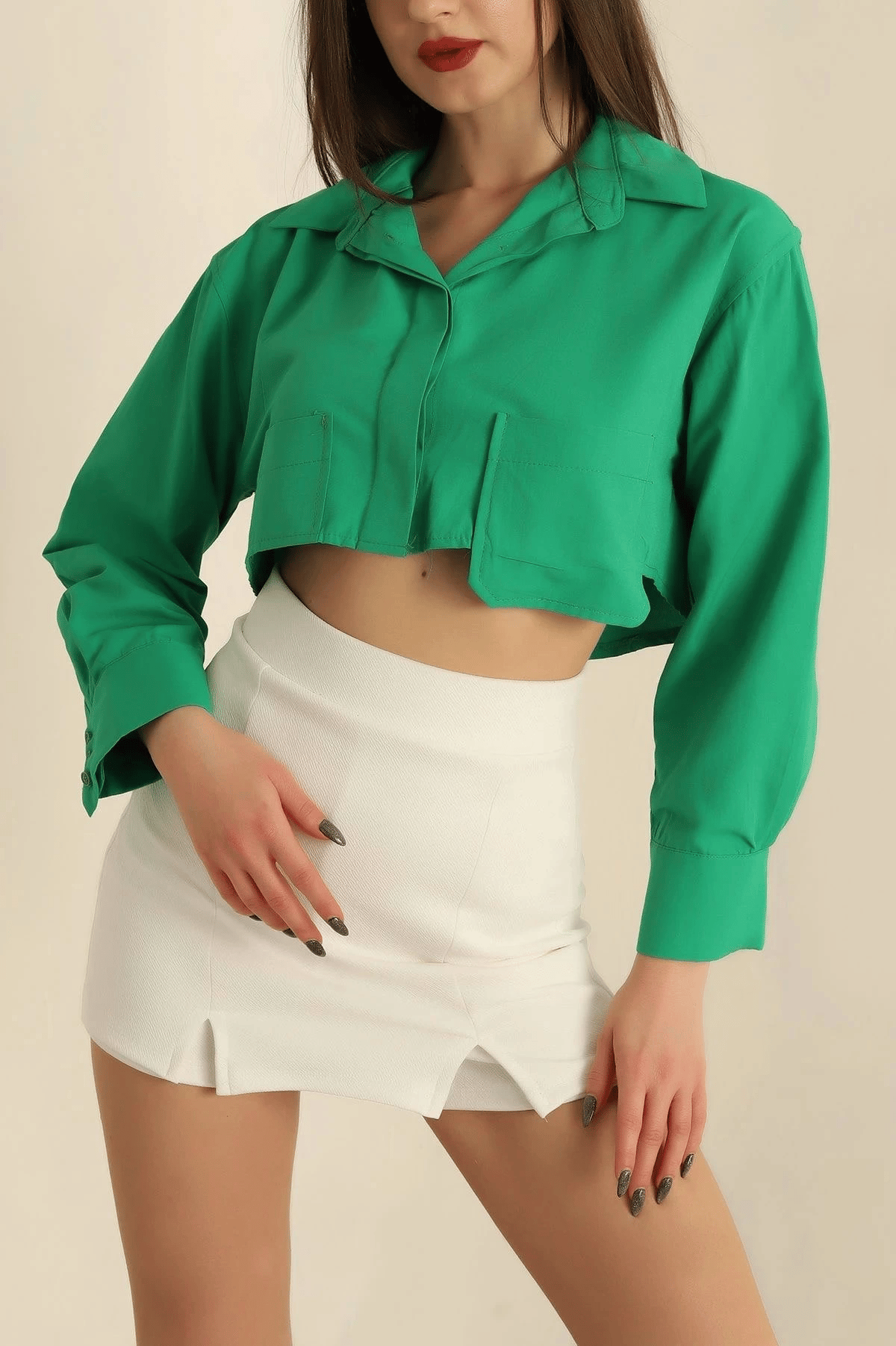 Poplin crop gömlek yeşil s3060