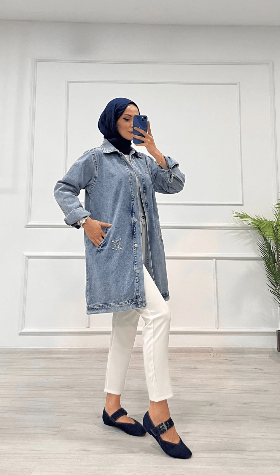 Taşlı tunik ceket kar yıkama orta mavi d2516
