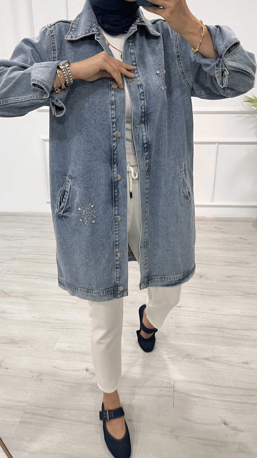 Taşlı tunik ceket kar yıkama orta mavi d2516