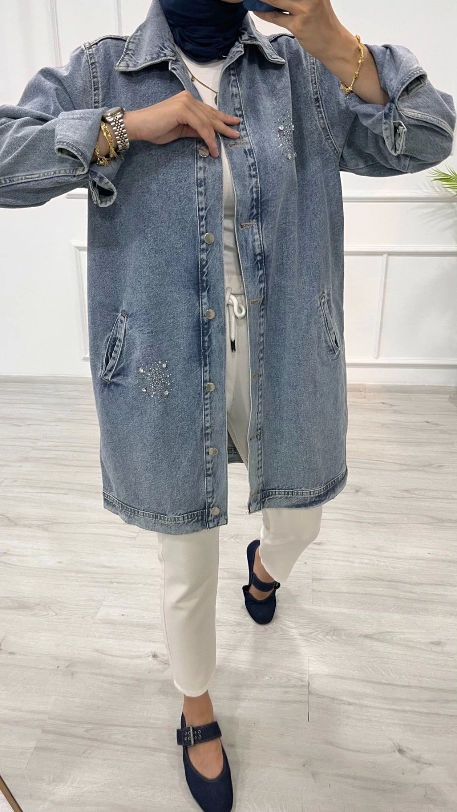 Taşlı tunik ceket kar yıkamalı mavi d2516