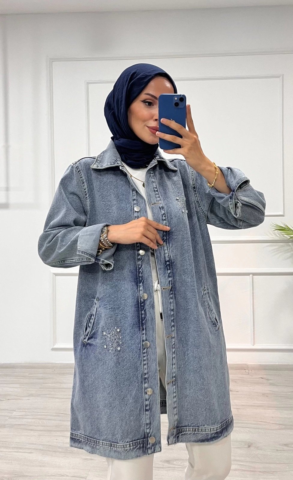 Taşlı tunik ceket kar yıkamalı mavi d2516