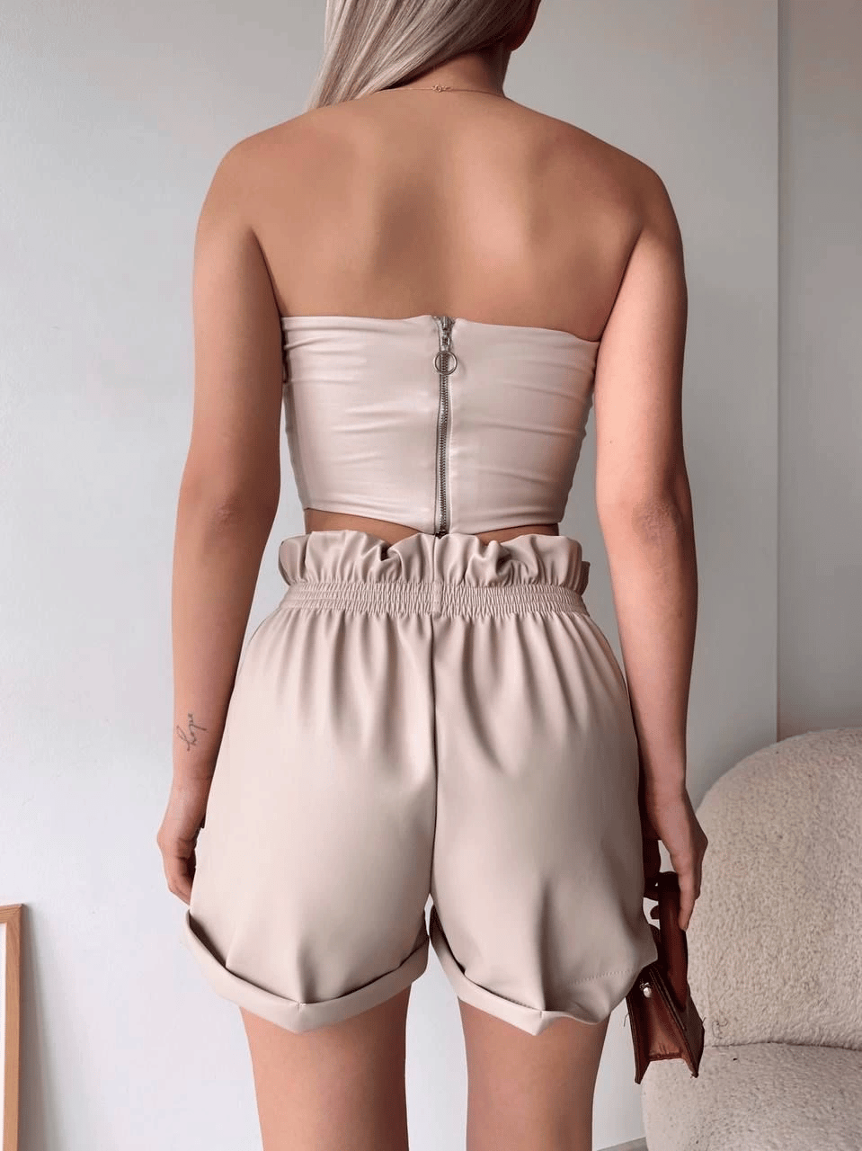 Tüllü deri crop bej w24615