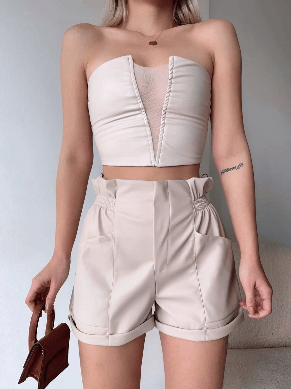 Tüllü deri crop bej w24615