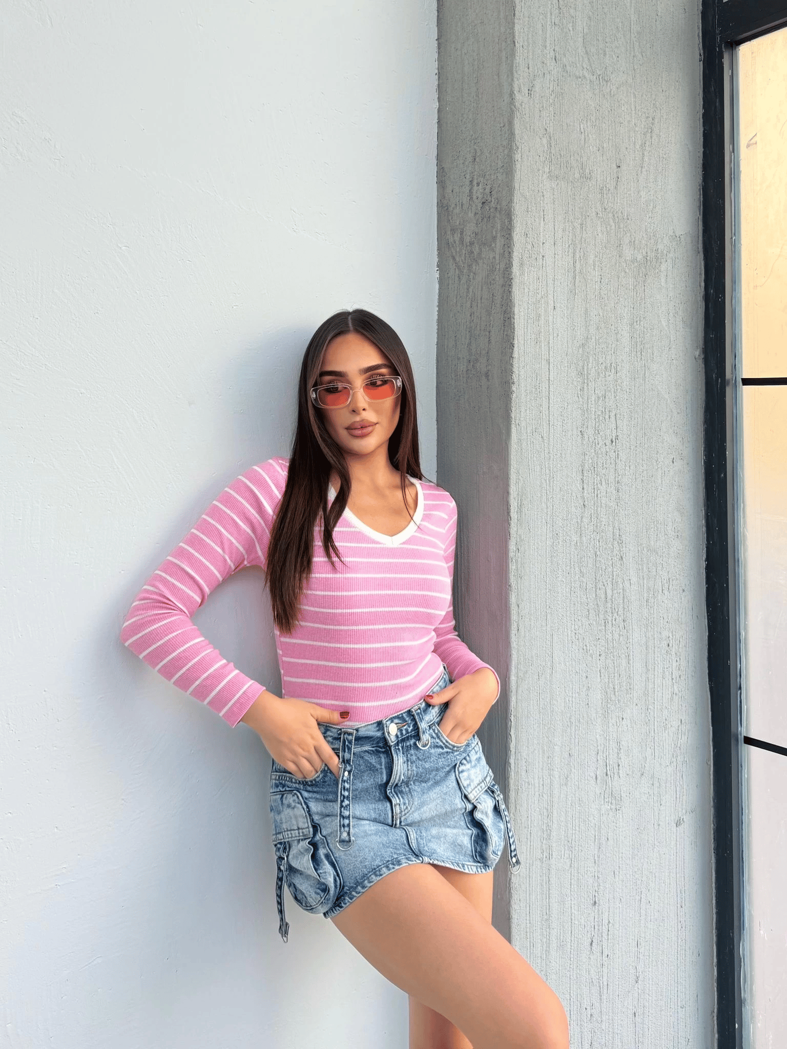 V yaka çizgili bluz pembe A3699