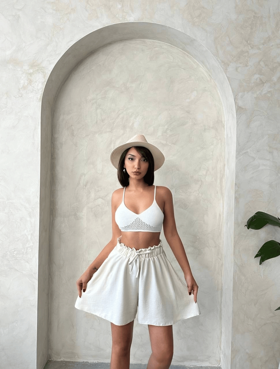 Volanlı keten şort bej s255058