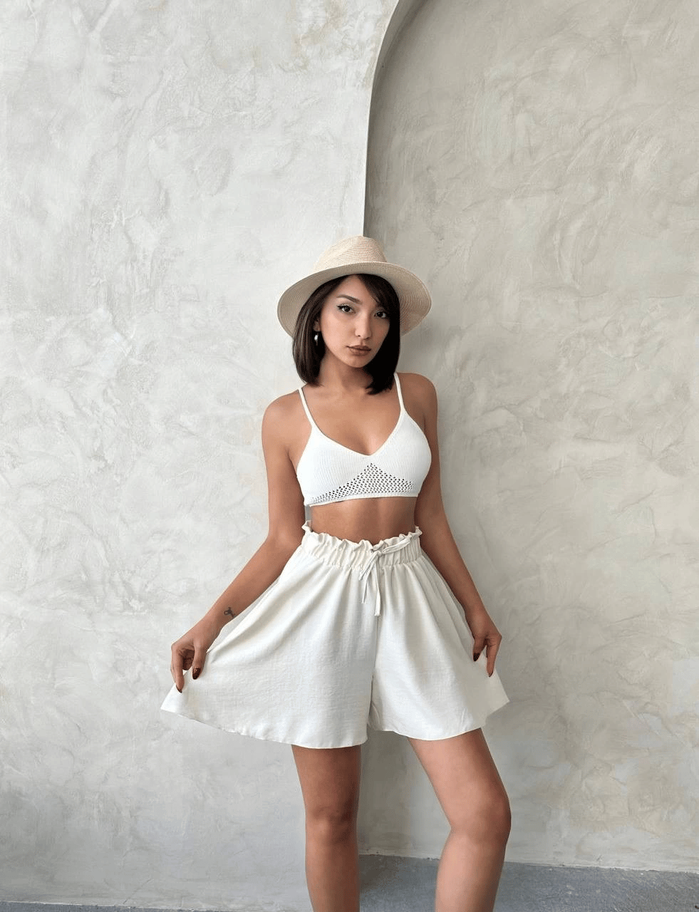 Volanlı keten şort bej s255058