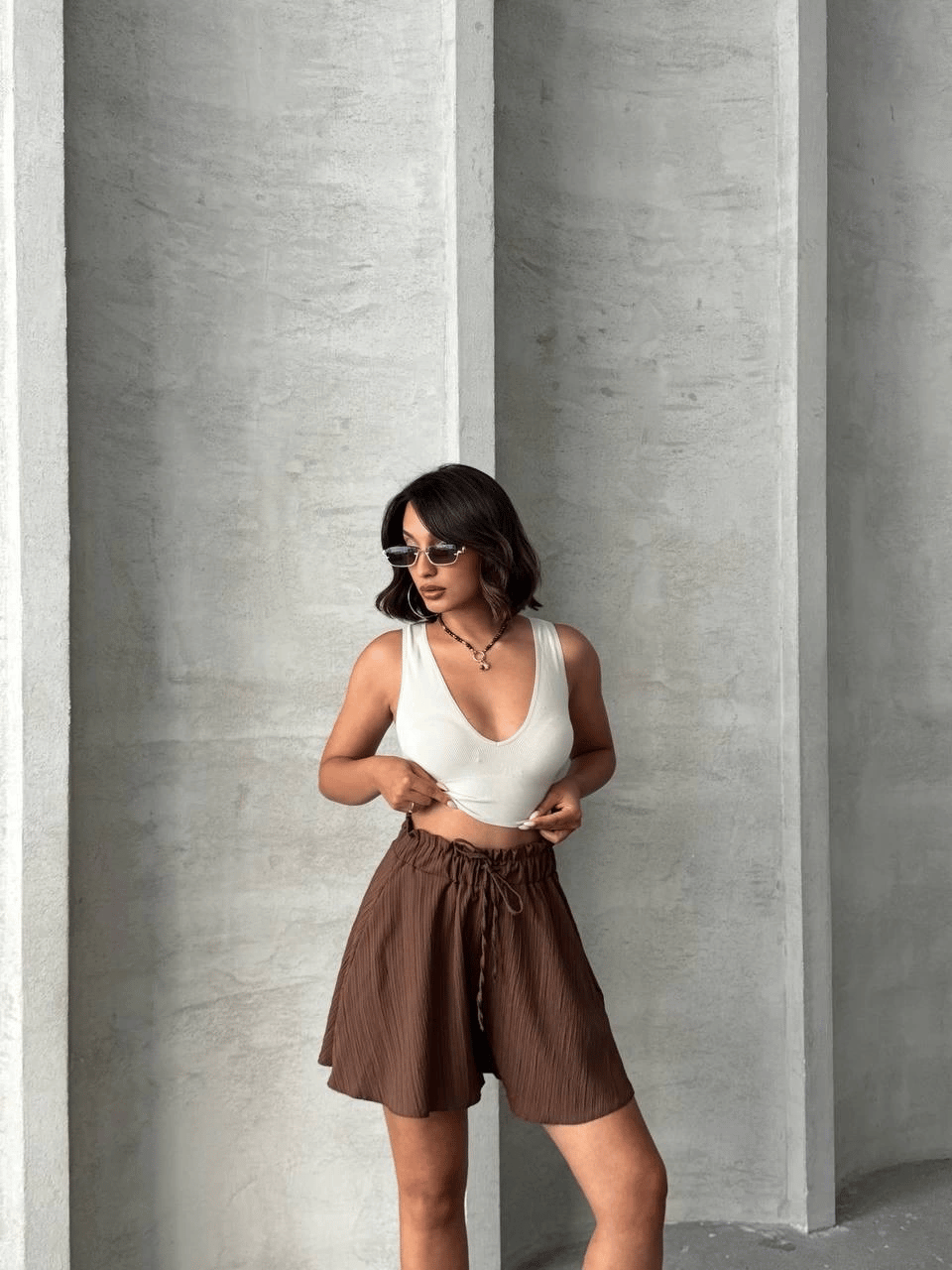 Volanlı keten şort kahve s255058