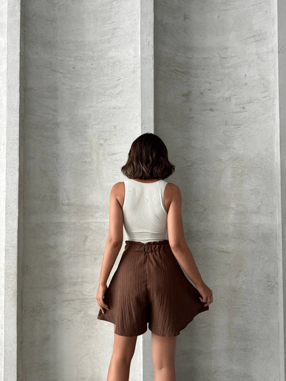 Volanlı keten şort kahve s255058