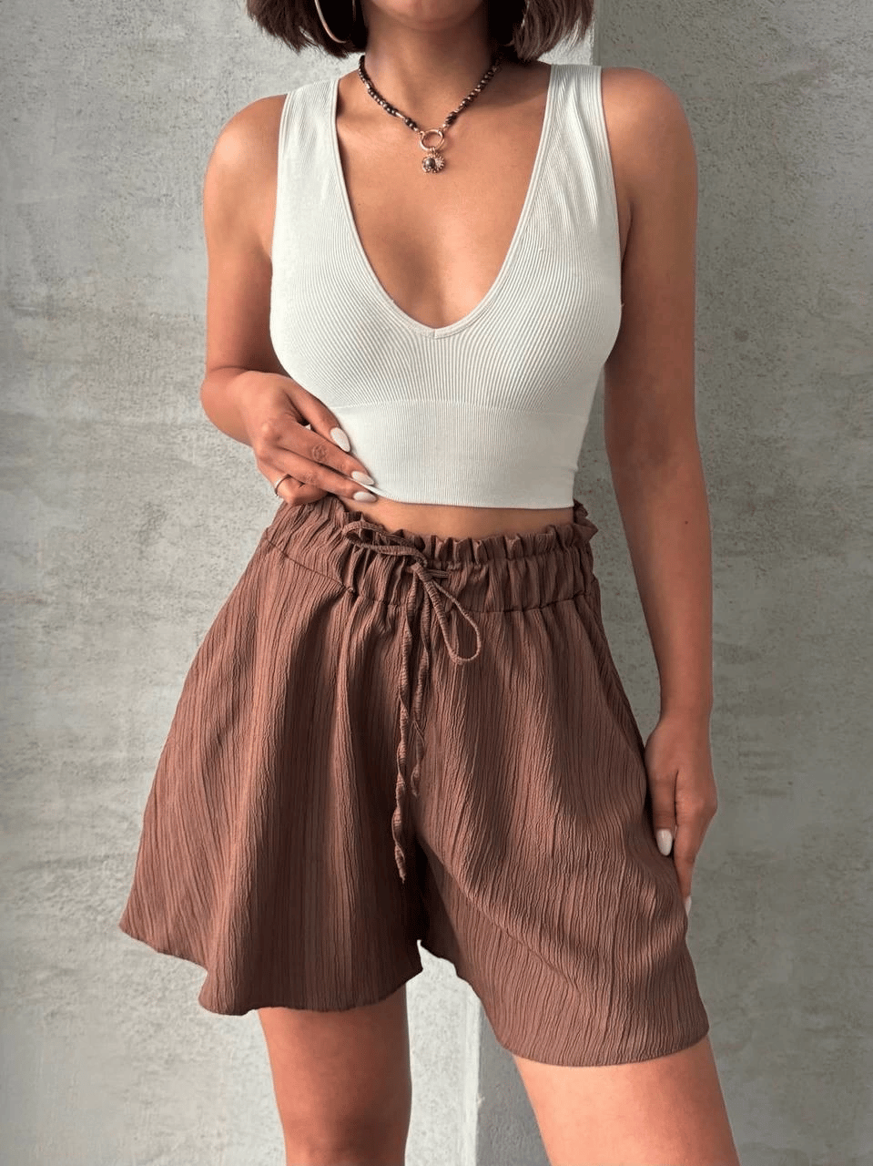 Volanlı keten şort kahve s255058