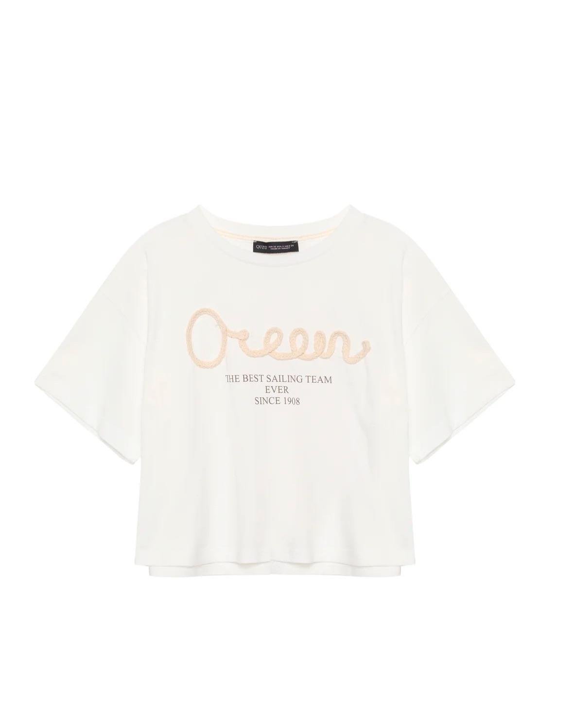 Baskı ve Nakış Detaylı Basic Crop T-Shirt