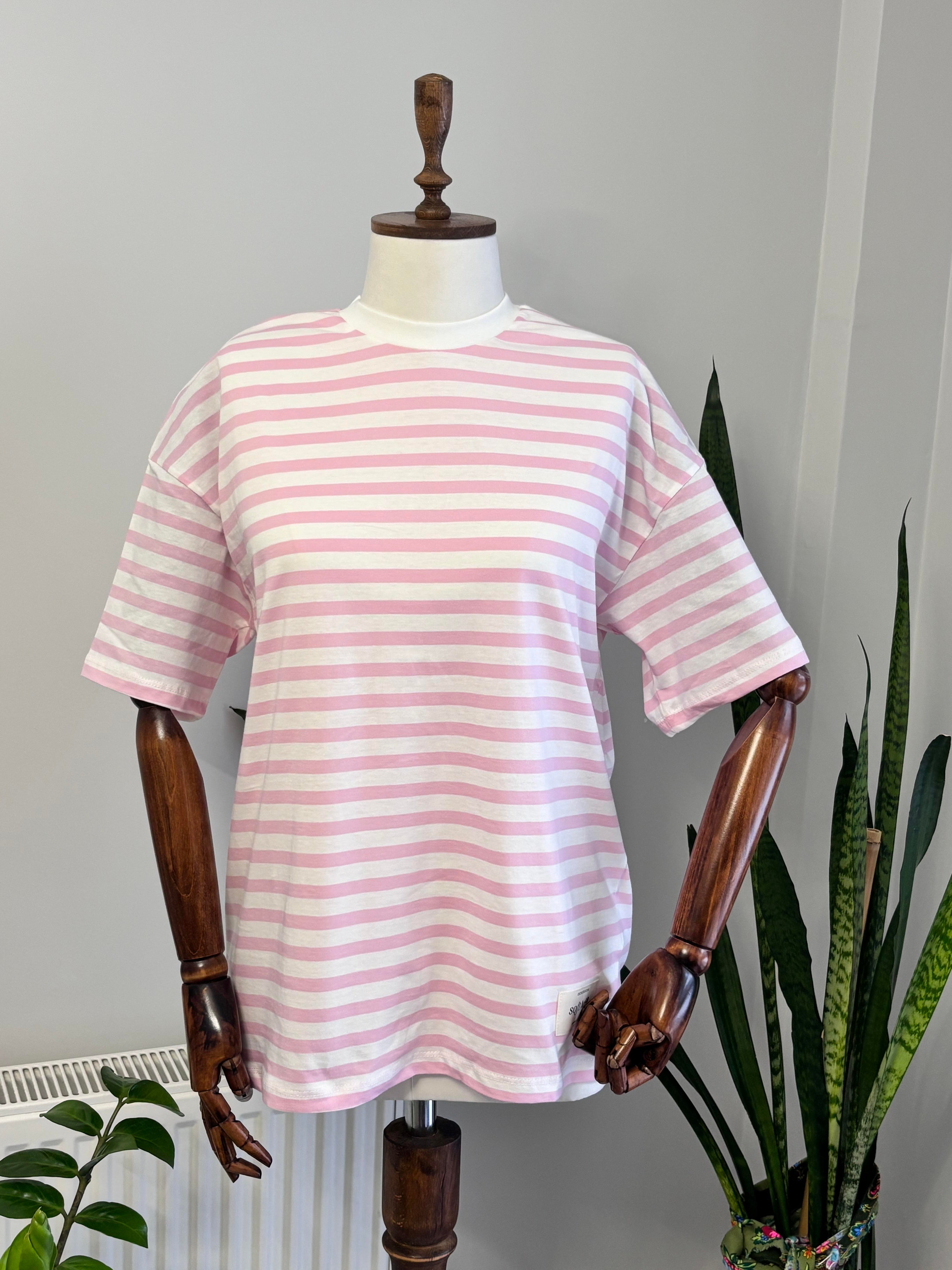 Bisiklet Yaka Pembe Çizgili Oversize T-Shirt