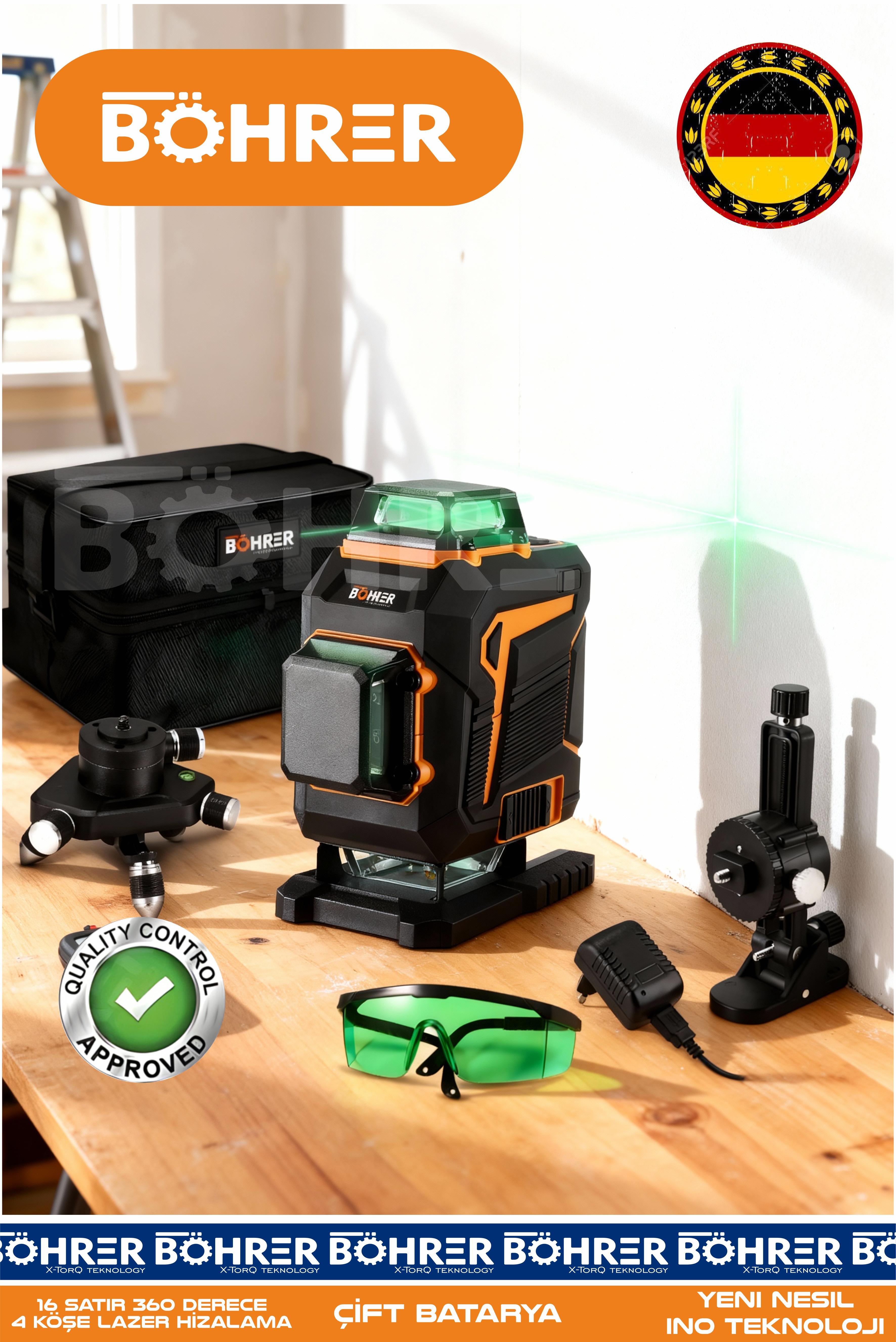 ALMAN DESİGNE BA011148 ÇİFT BATARYA 16 SATIR 4 KÖŞE 360 DERECE FULL SET ÖLÇÜM LAZER HİZALAMA ÇİZGİ MAKİNESİ