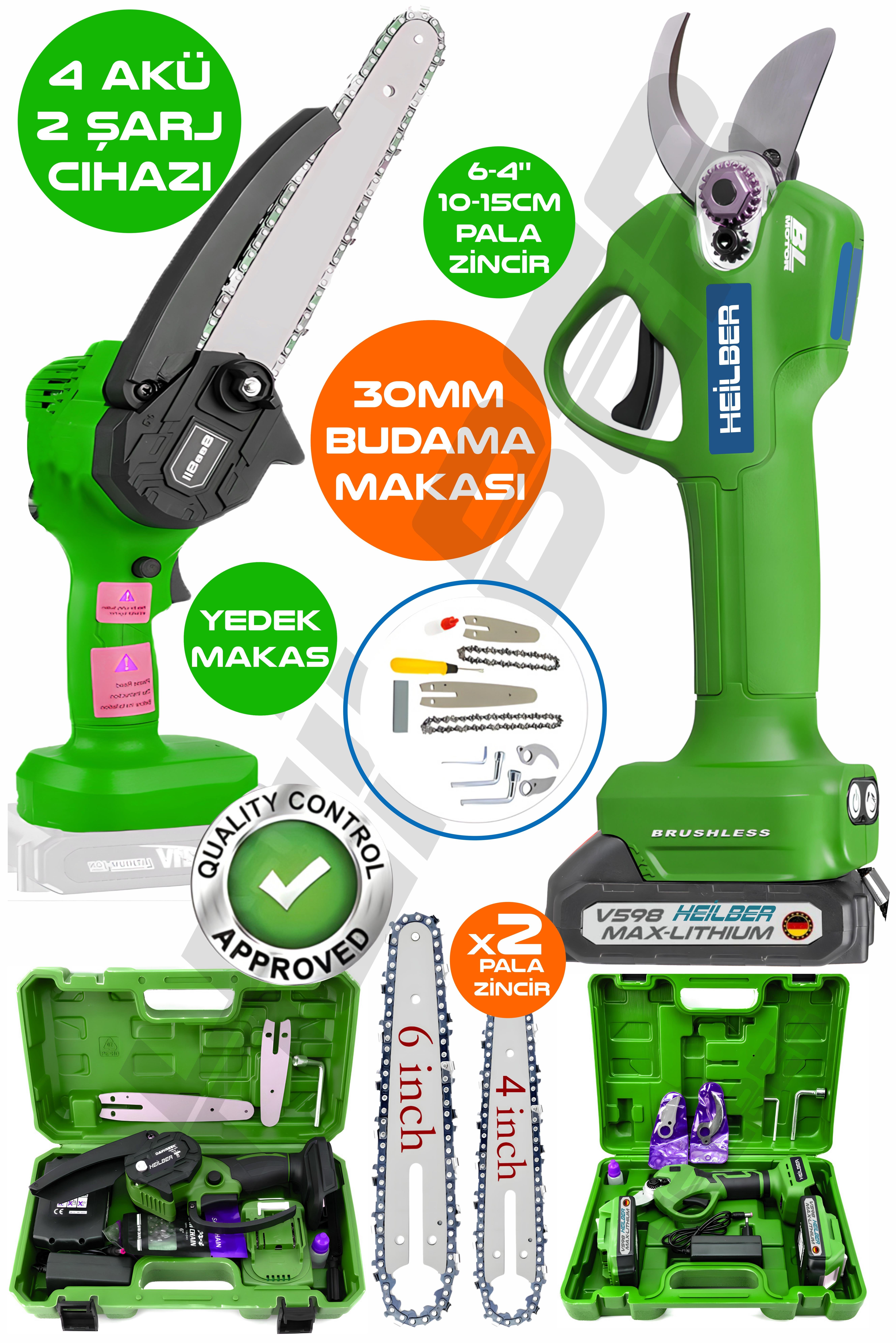 ALMAN GREEN V598/21V +4 BATARYA , AKÜLÜ 10-15CM DAL BUDAMA TESTERESİ VE 30MM YEDEK BIÇAK ŞARJLI BAĞ MAKASI