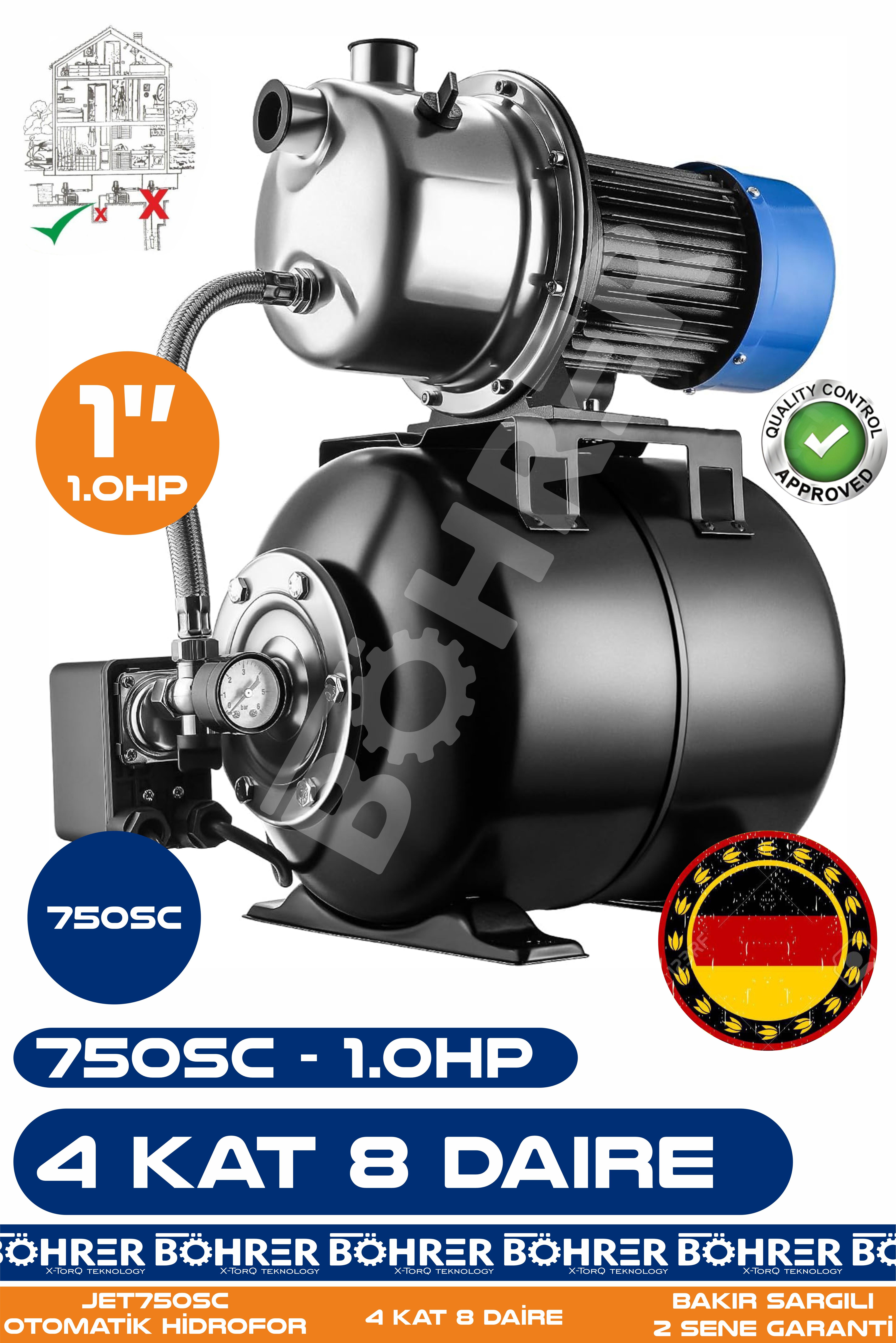 Alman JET750SC 0.75 KW 24L Yatay Genleşme Tank -- Otomatik Hidrofor Bina Bahçe Su Pompası – 4 Kat 8 Daire - Su Basıncında Profesyonel Çözüm