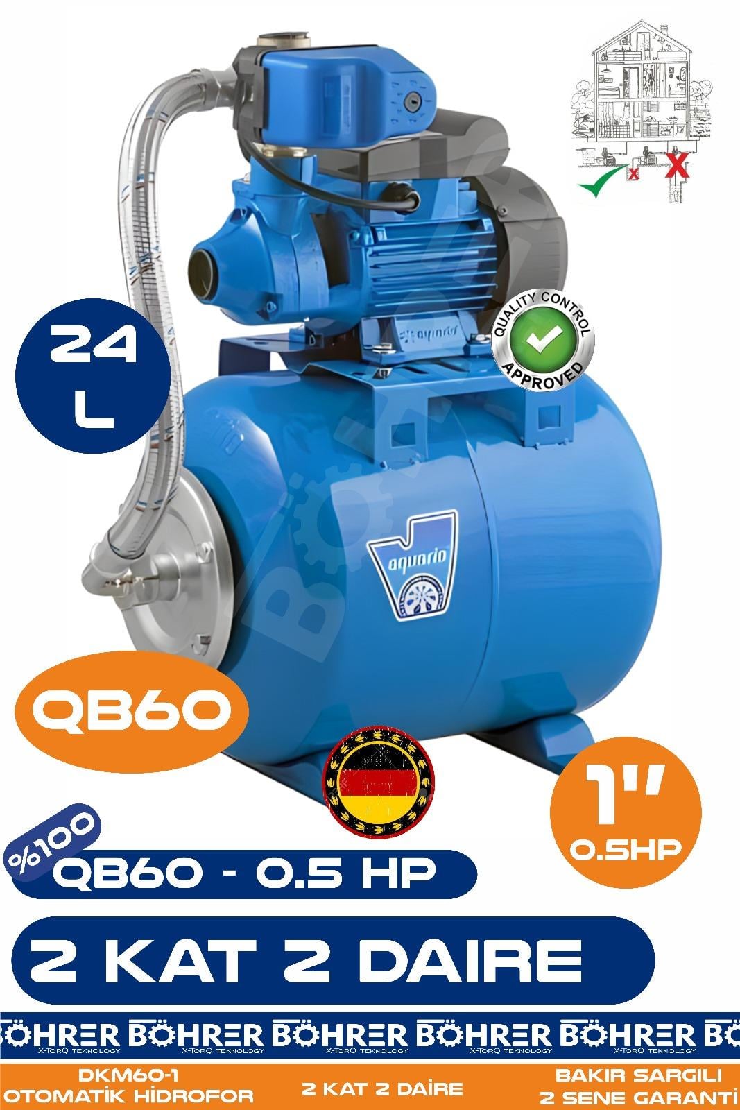 Alman QB60 0.37 KW 0.5 HP 24L Yatay Genleşme Tank -- Otomatik Hidrofor Bina Bahçe Su Pompası – 2 Kat 4 Daire - Dublex- Su Basıncında Profesyonel Çözüm