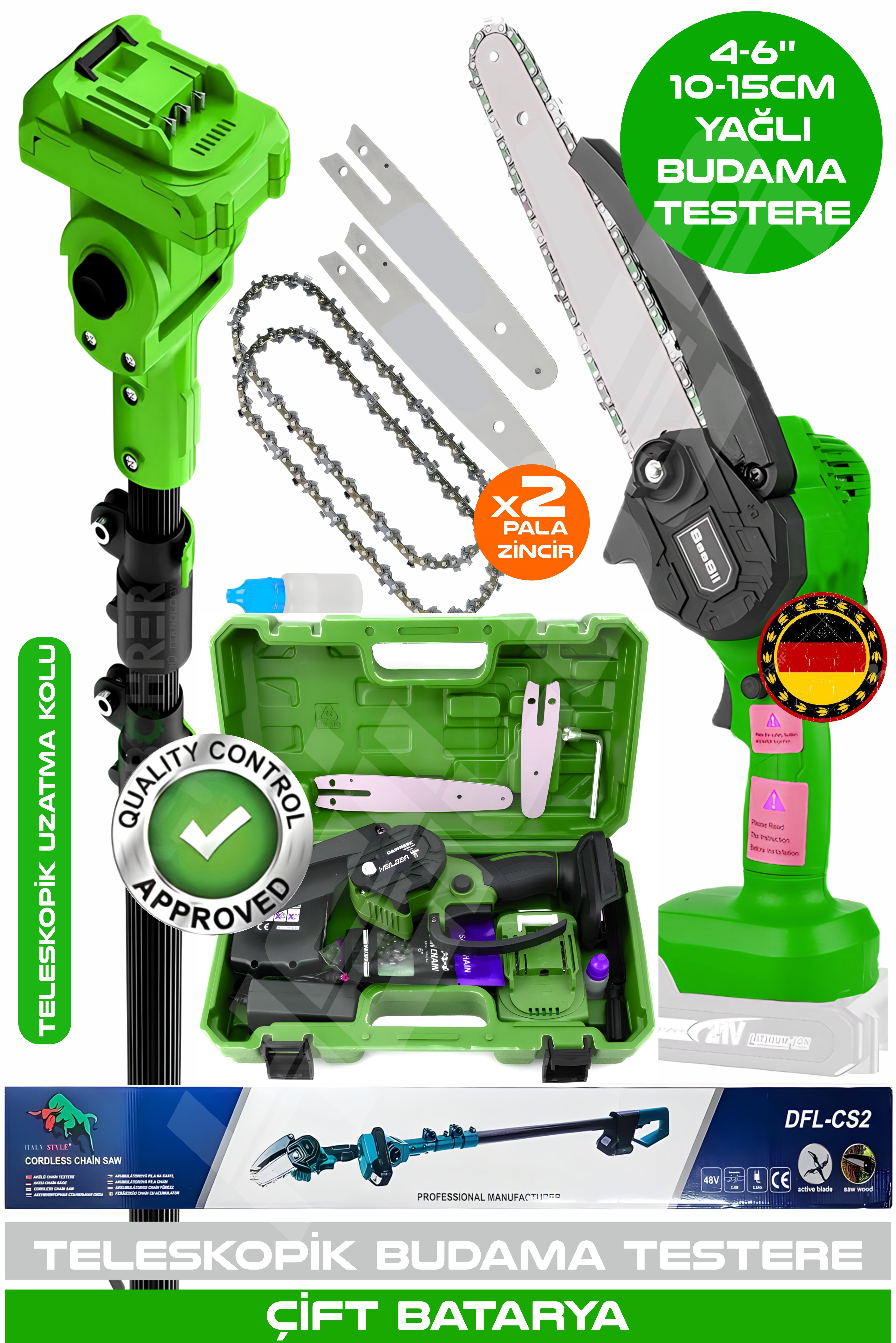 ALMAN V598/21V GREEN TELESKOPİK 10-15CM AKÜLÜ BUDAMA ŞARJLI ZİNCİRLİ DAL BUDAMA MAKİNESİ