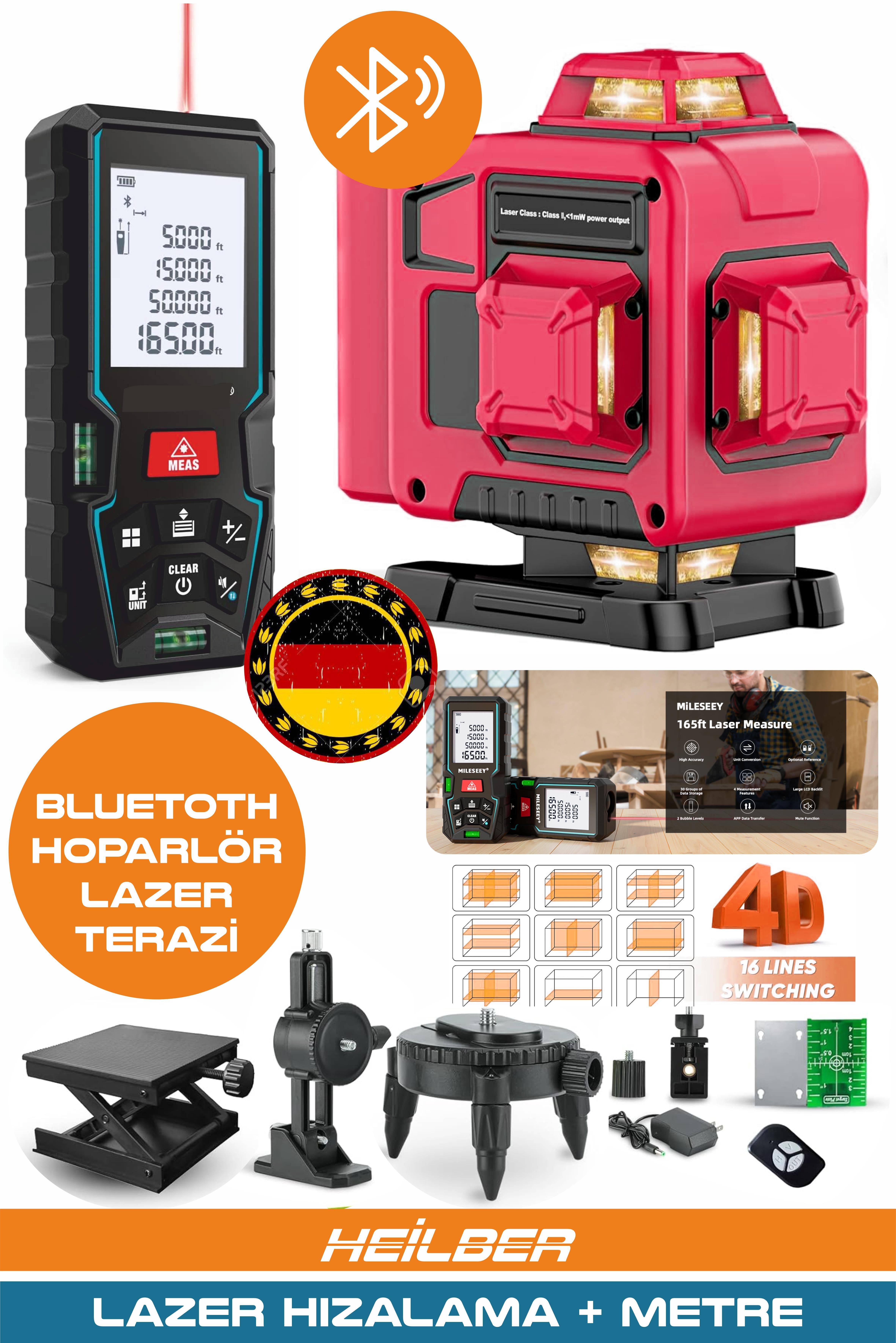 BA01068K 2'si 1 Arada Lazer Seti | 70m Ölçüm Cihazı + 16 Çizgili 360° 4 Köşe Lazer Hizalama | Şarjlı – Pro Seri