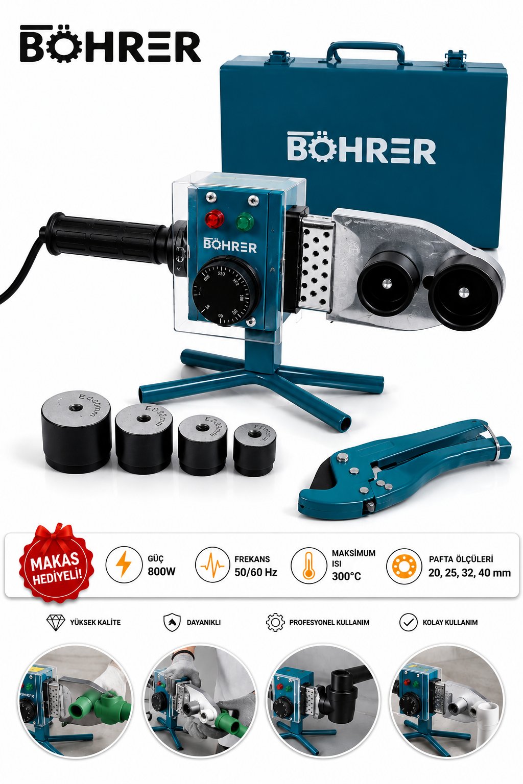 BÖHRER 800W PPRC Boru Kaynak Makinesi Seti 20-25-32-40 mm Paftalı Metal Çantalı Makas Hediyeli