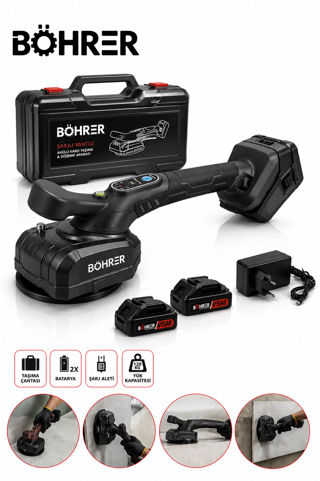 BÖHRER  BA011339 Titreşimli Şarjlı Vakumlu Vantuz 120 Kg Taşıma Kapasiteli 2 Bataryalı Cam Fayans Mermer Granit Taşıma Aparatı