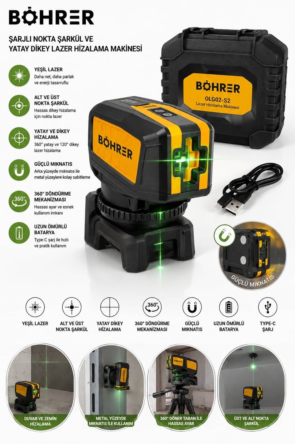 BÖHRER BA011347 ŞARJLI NOKTA ŞARKÜL LAZER + YATAY VE DİKAY LAZER HİZALAMA MAKİNESİ - YEŞİL IŞIK LAZER