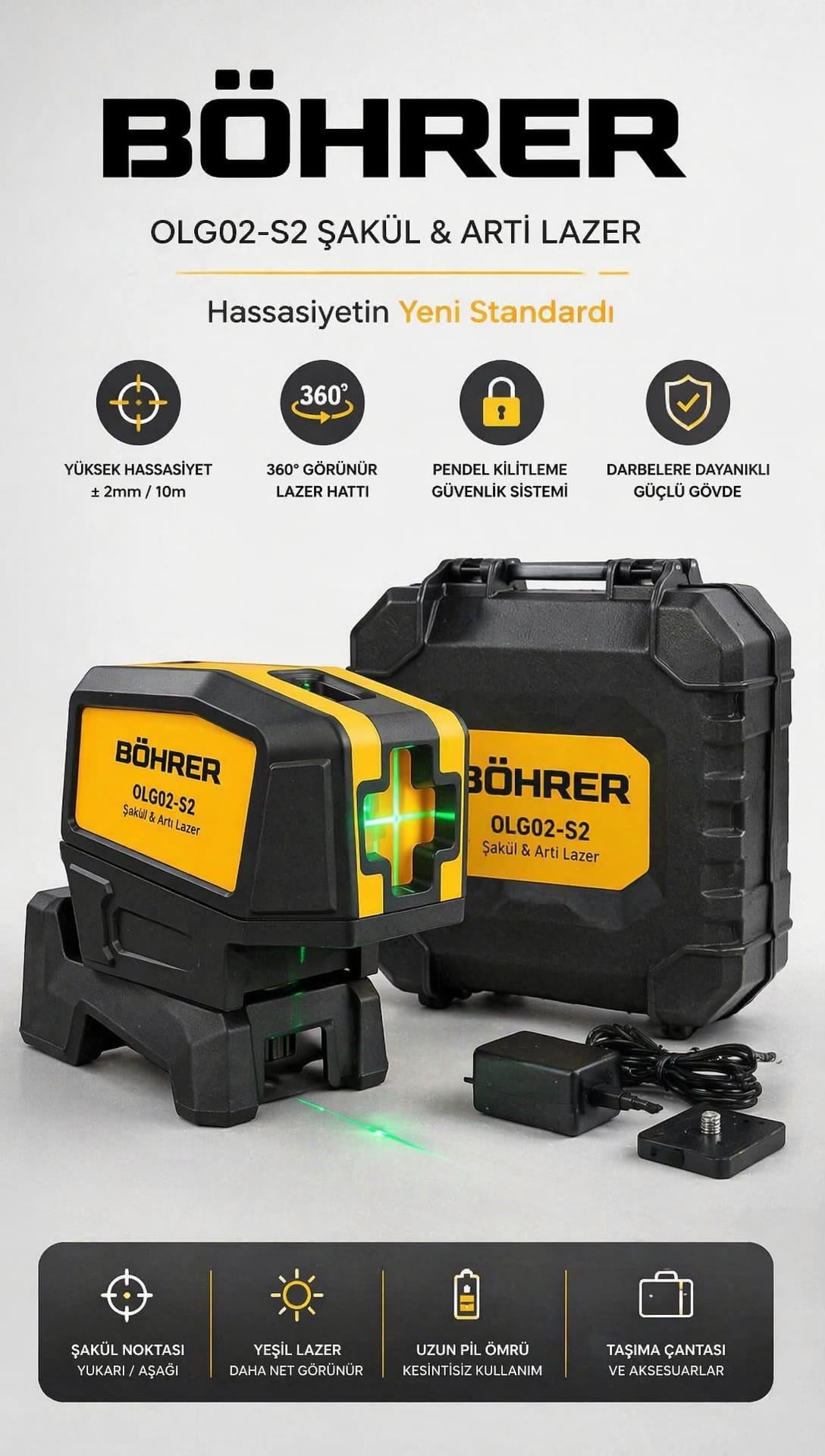 BÖHRER BA011349 ŞARKÜL NOKTA LAZER  - YEŞİL IŞIK YATAY VE DİKAY LAZER HİZALAMA MAKİNESİ - ŞARJLI 