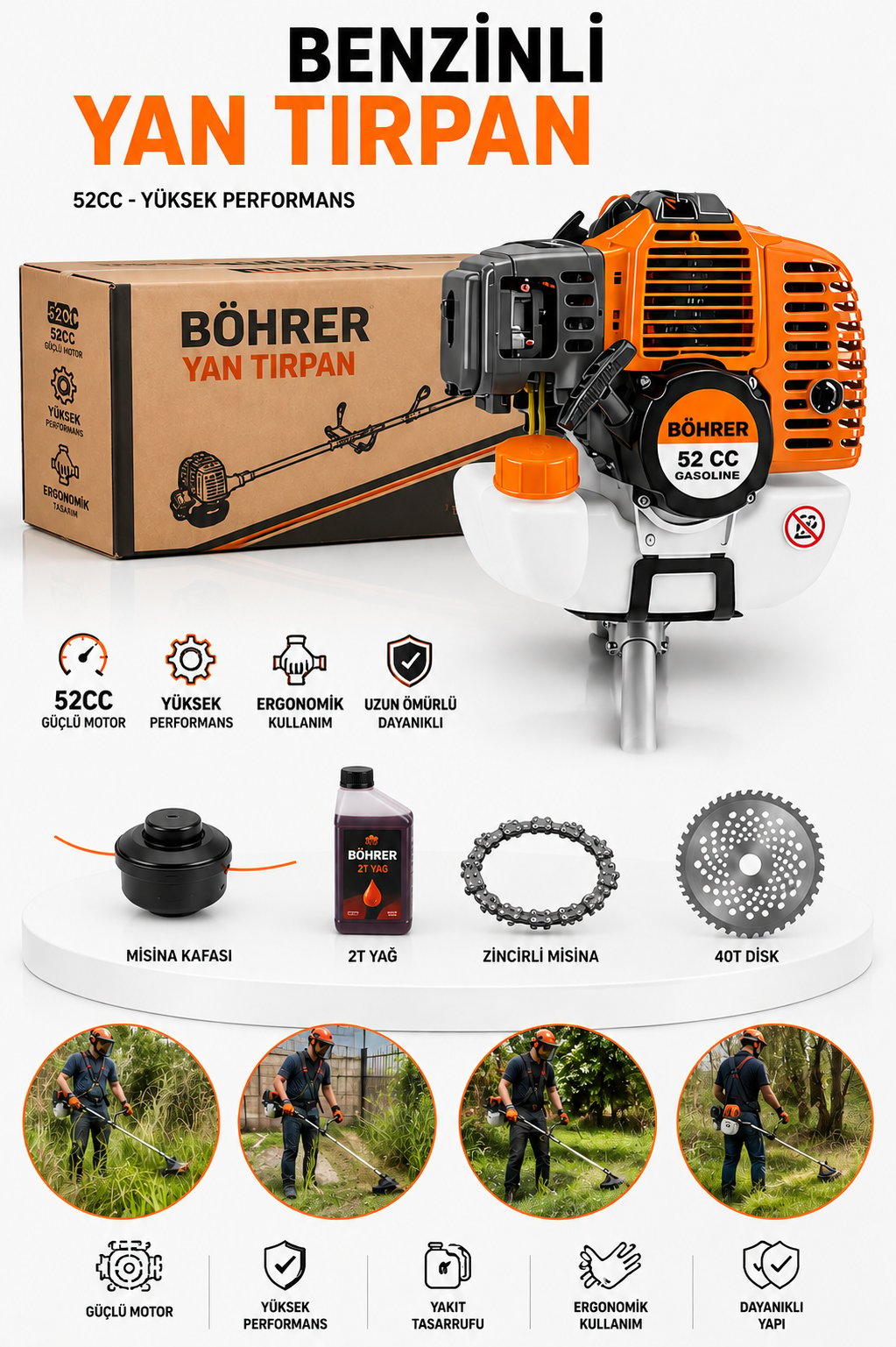 BÖHRER BA011353 PROFESYONEL 3.5 HP YAN TİPİ BENZİNLİ DİKEN ÇALI ÇİM BİÇME TIRPAN MAKİNESİ