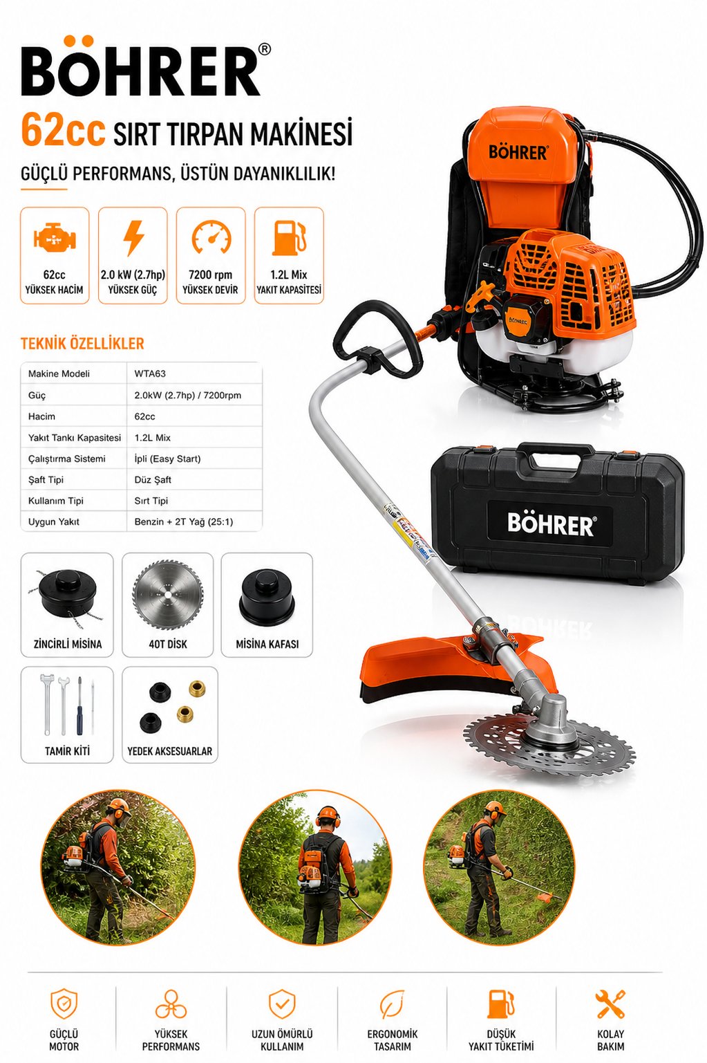 BÖHRER BA011358 PRODESYONEL SIRT TİPİ BENZİNLİ ÇALI DİKEN ÇİM BİÇME TIRPAN MAKİNESİ