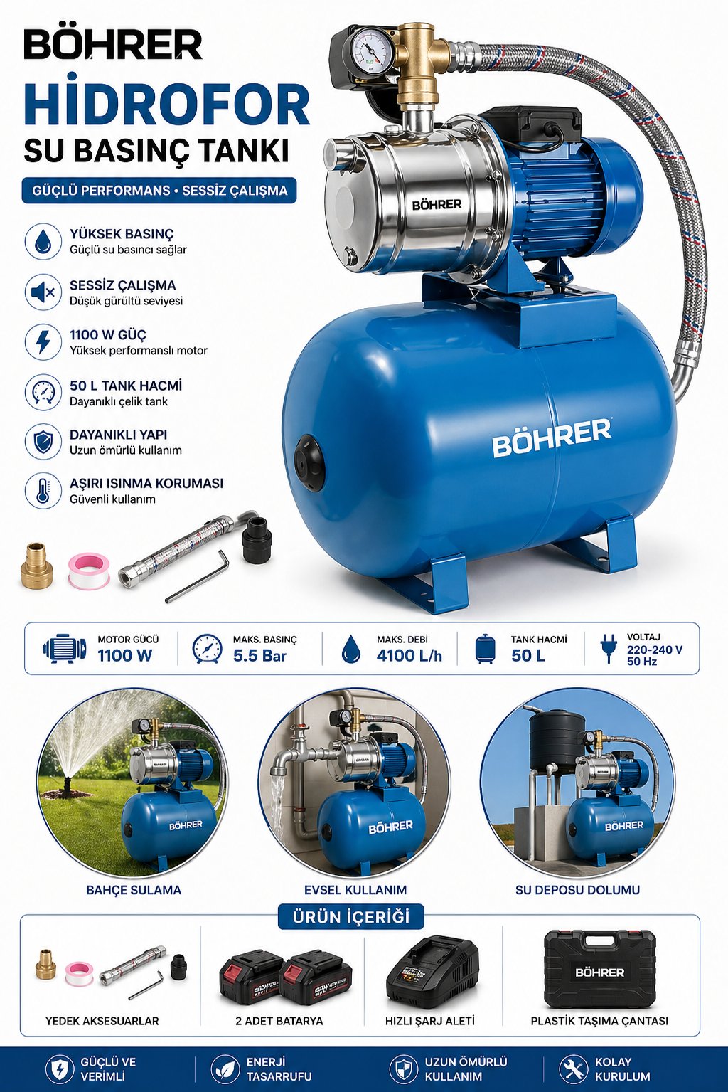 BÖHRER BA011366 JET750SC PASLANMAZ GÖVDE 1.0 HP HİDROFOR SU BASINÇ MAKİNESİ - 5 KAT 5 DAİRE