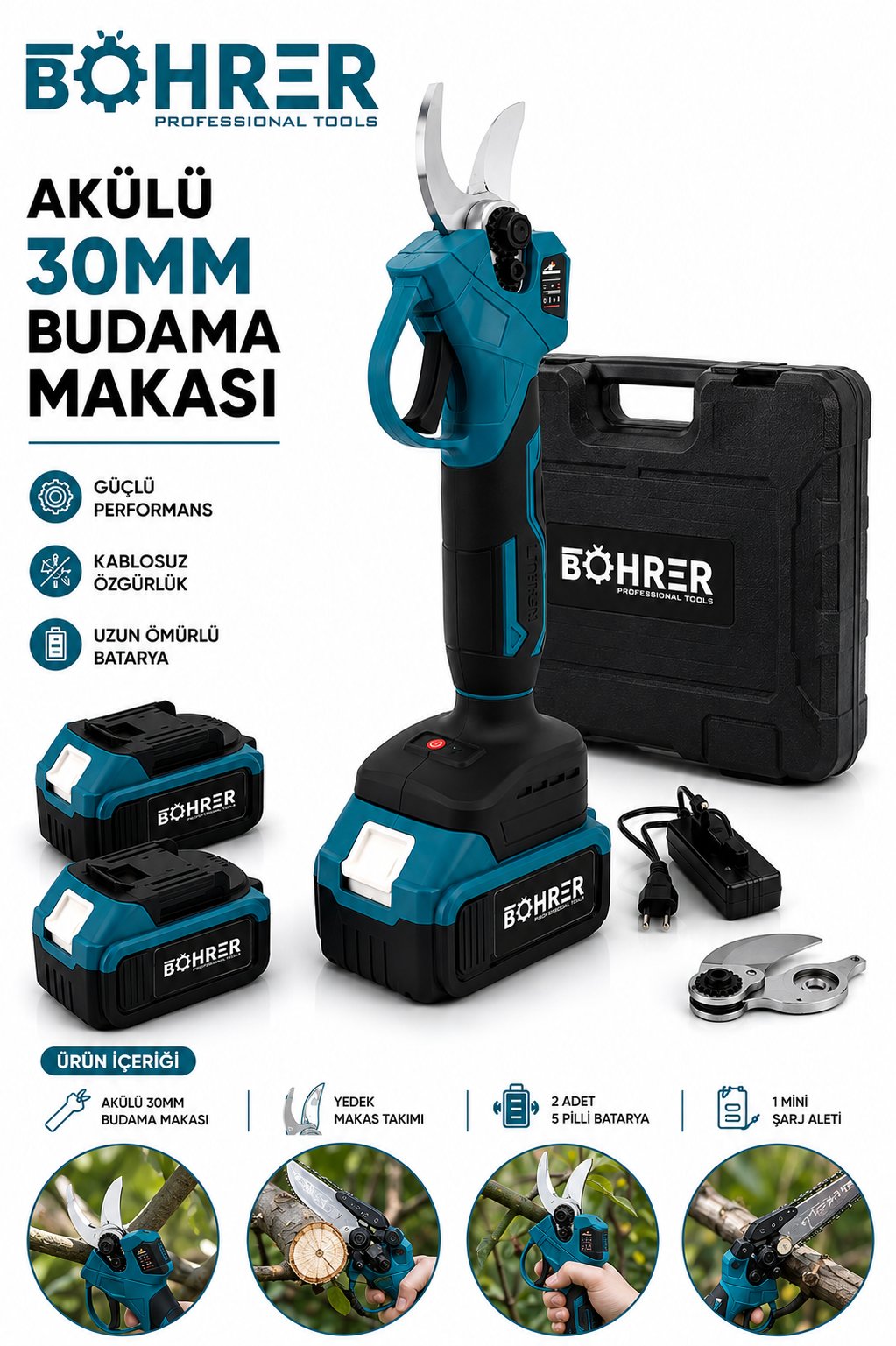 BÖHRER BA011370 AKÜLÜ DAL BUDAMA MAKASI 36V 5AH - ÇİFT KADEME ÇİFT AKÜ