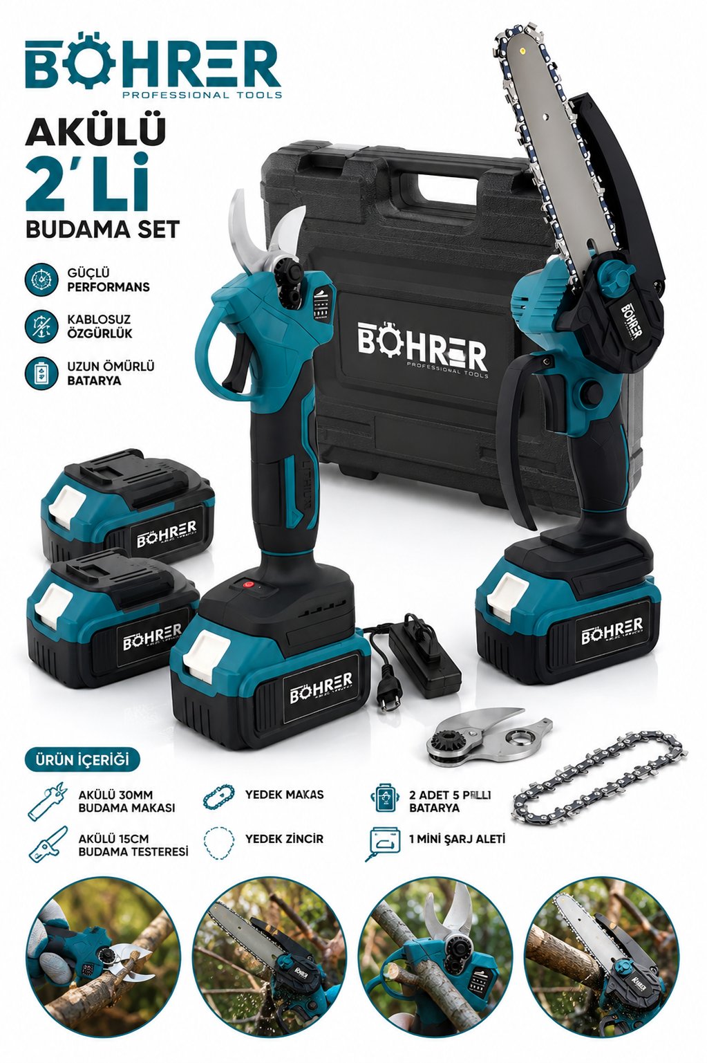 BÖHRER BA011375 ÇİFT AKÜLÜ DAL BUDAMA SETİ - MAKAS + TESTERE