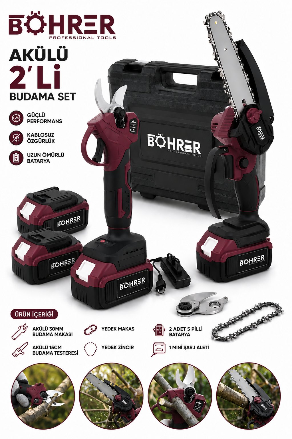 BÖHRER BA011376 DAL BUDAMA SETİ - 2 AKÜLÜ 30MM BUDAMA MAKASI + 10-15CM BUDAMA TESTERESİ