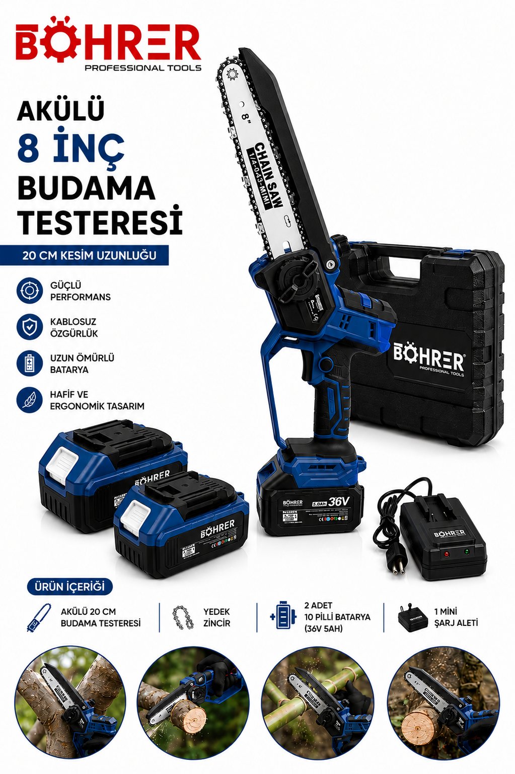 BÖHRER BA011398 ÇİFT AKÜLÜ 20CM BUDAMA TESTERESİ - KÖMÜRSÜZ - 36V 5AH