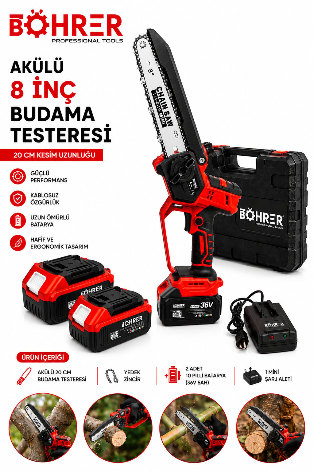 BÖHRER BA011400 ÇİFT AKÜLÜ DAL BUDAMA TESTERESİ - 36V 5AH