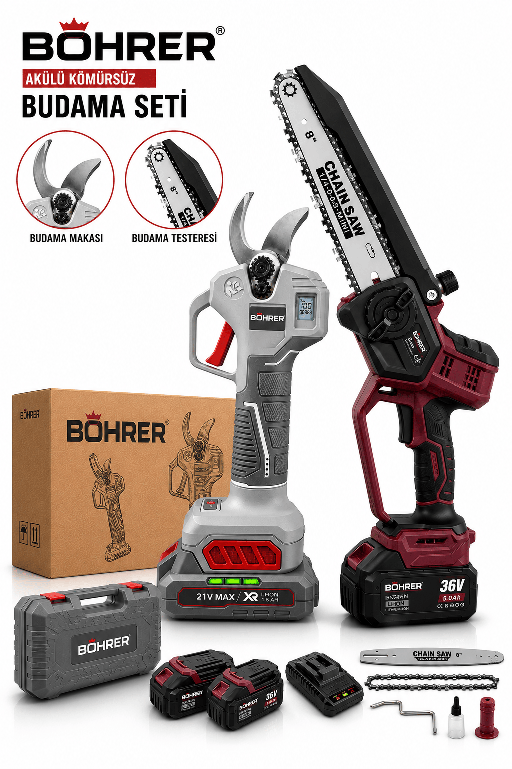 BÖHRER BA01144 AKÜLÜ 30MM BUDAMA MAKASI + 20CM KÖMÜRSÜZ DAL BUDAMA TESTERESİ