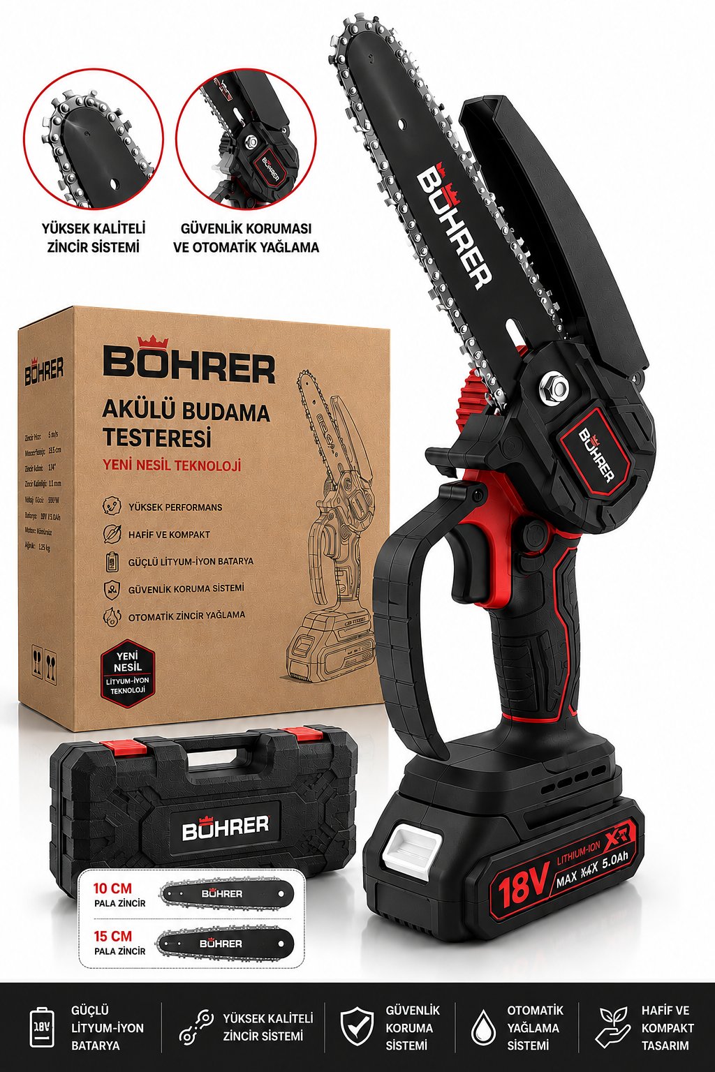 BÖHRER BA011444 ÇİFT AKÜLÜ 20CM KÖMÜRSÜZ ZİNCİRLİ DAL BUDAMA MAKİNESİ - 36V 5AH