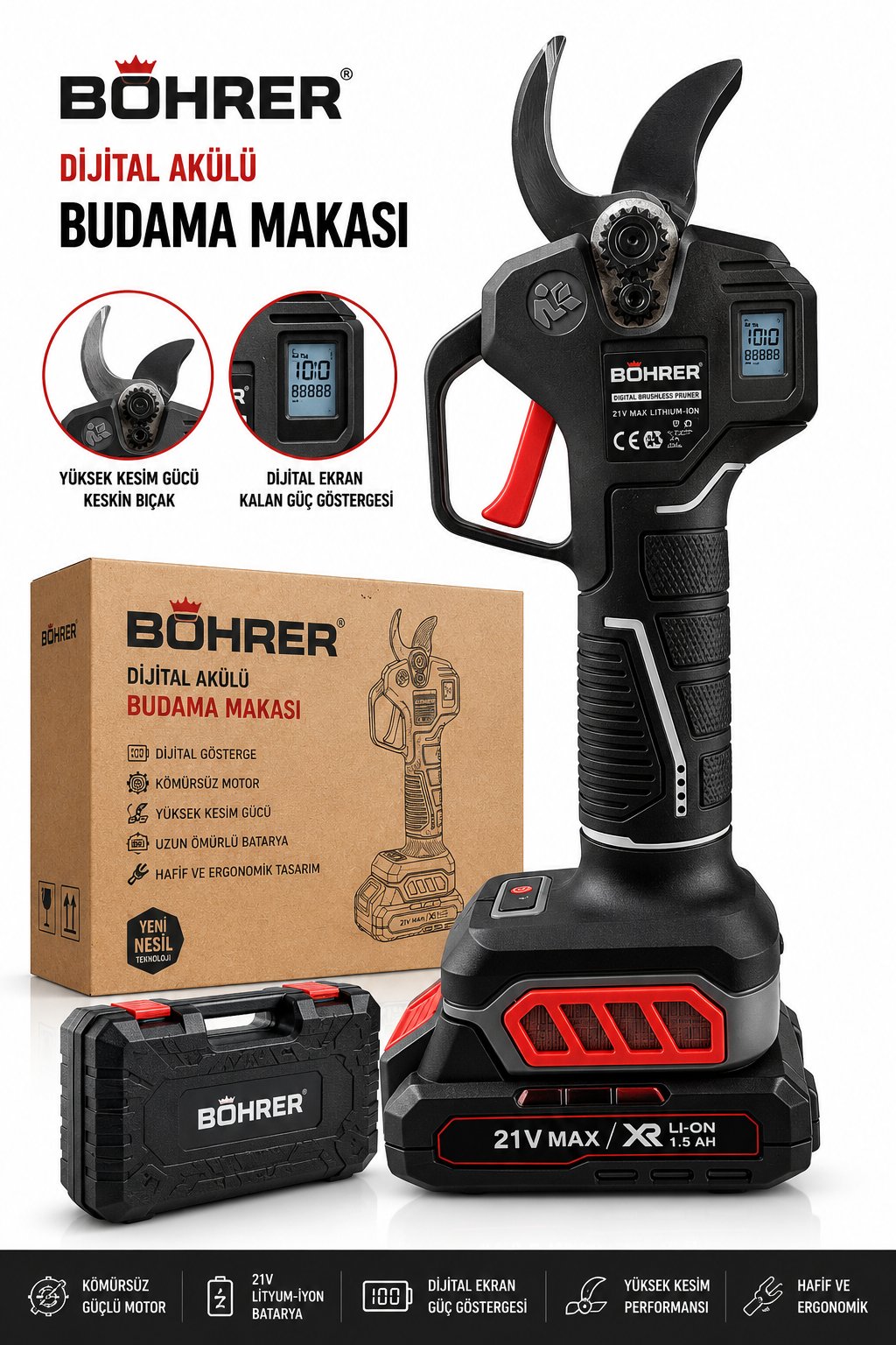 BÖHRER BA011449 PRO SERİ ÇİFT AKÜLÜ 30MM DAL BUDAMA MAKASI