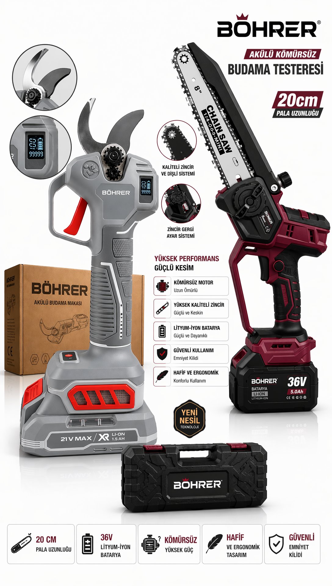 BÖHRER BA011453 4 BATARYA DİJİTAL BUDAMA MAKİNESİ + 20CM ZİNCİRLİ BUDAMA TESTERESİ