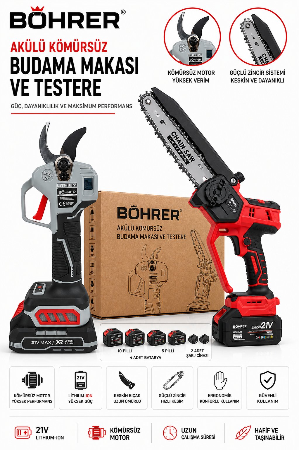 BÖHRER BA011507 4 AKÜ 2 ŞARJ ALETİ PRO SERİ KÖMÜRSÜZ DAL BUDAMA SETİ - 30MM MAKAS + 20CM TESTERE