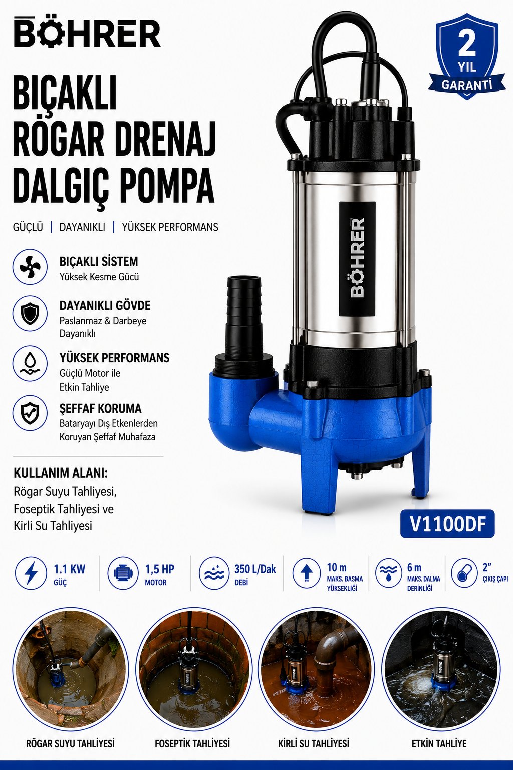 BÖHRER V1100DF Bıçaklı Rögar Drenaj Dalgıç Pompa 1.5 HP 350 L/Dak Kirli Su ve Foseptik Tahliye Pompası 2