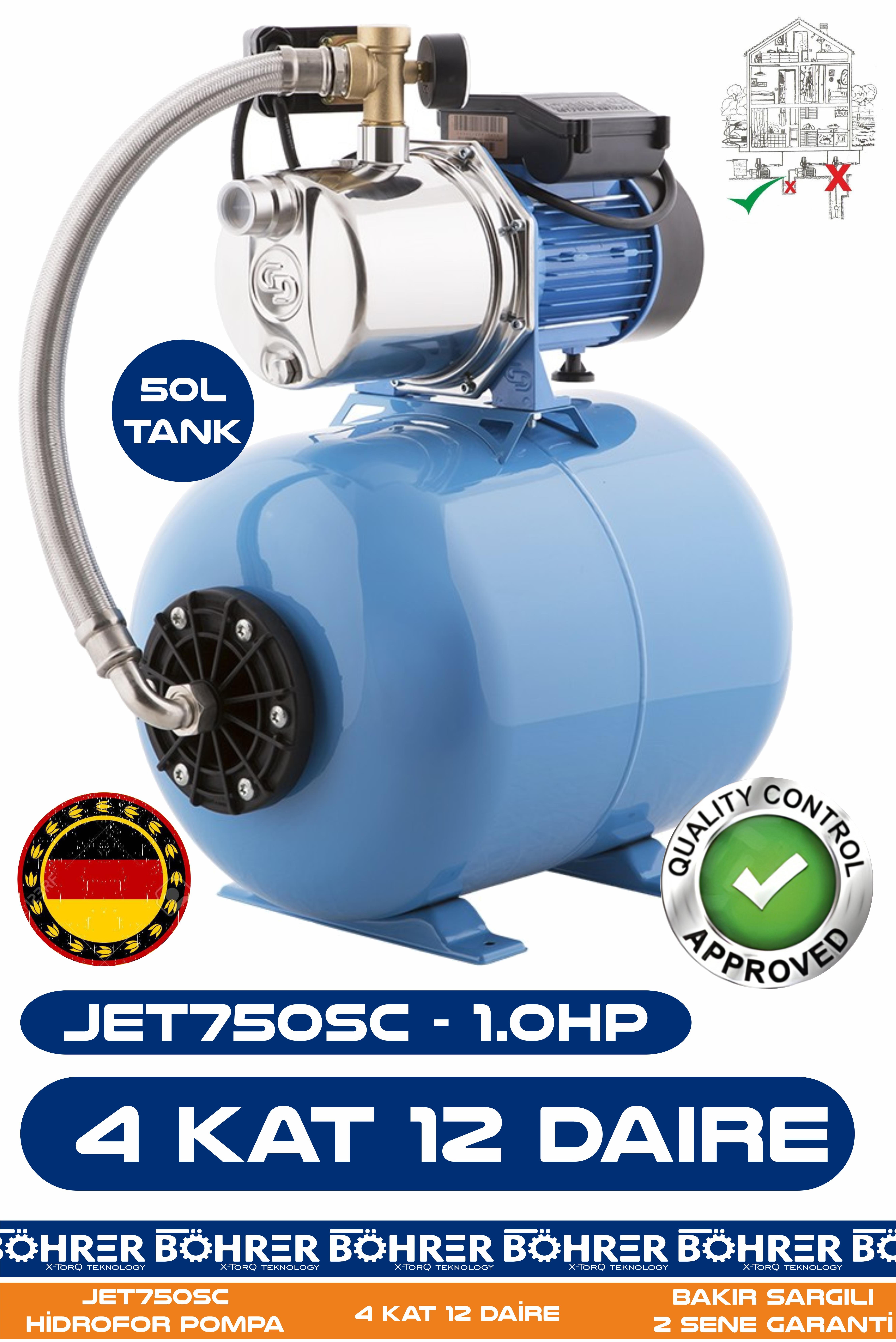 JET750SC 1.0 HP Paslanmaz Giriş Çıkış 50L Yatay Genleşme Tank -- Otomatik Hidrofor Bina Bahçe Su Pompası – 4 Kat 12 Daire - Su Basıncında Profesyonel Çözüm!
