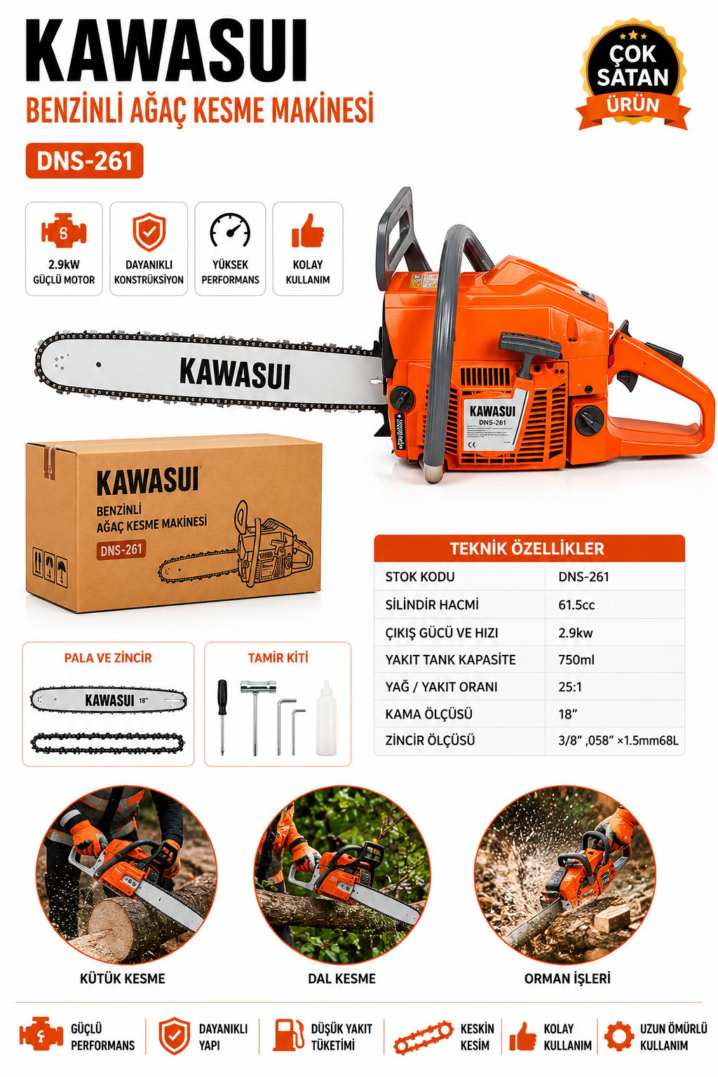 KAWASUI 61.5CC 2.9 KW 3.8 HP 18'' 45CM BENZİNLİ AĞAÇ KESME MAKİNESİ - DNS261