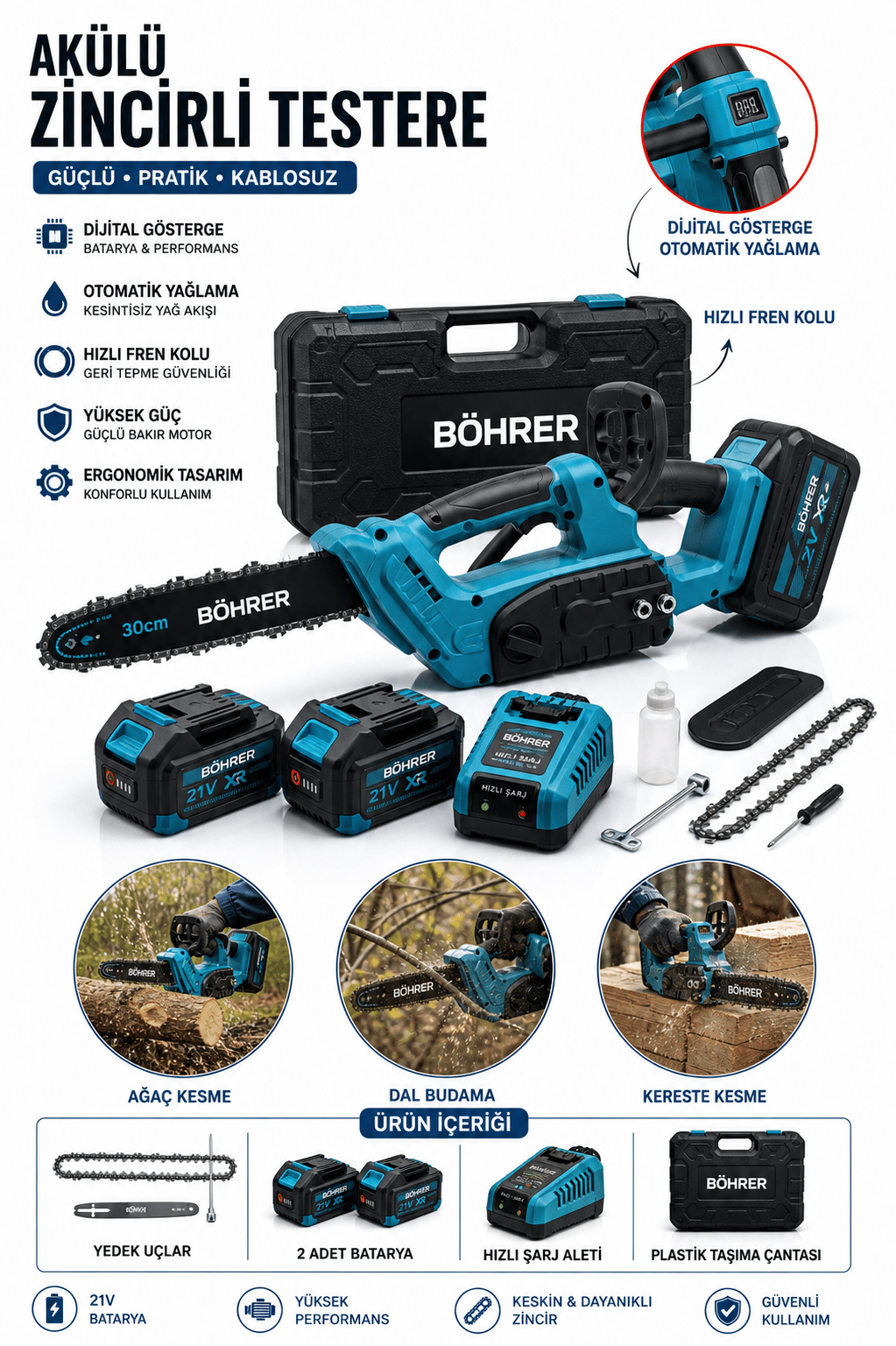 PRO 12'' 30CM ÇİFT AKÜLÜ 21V 4AH AKÜLÜ BUDAMA TESTERESİ