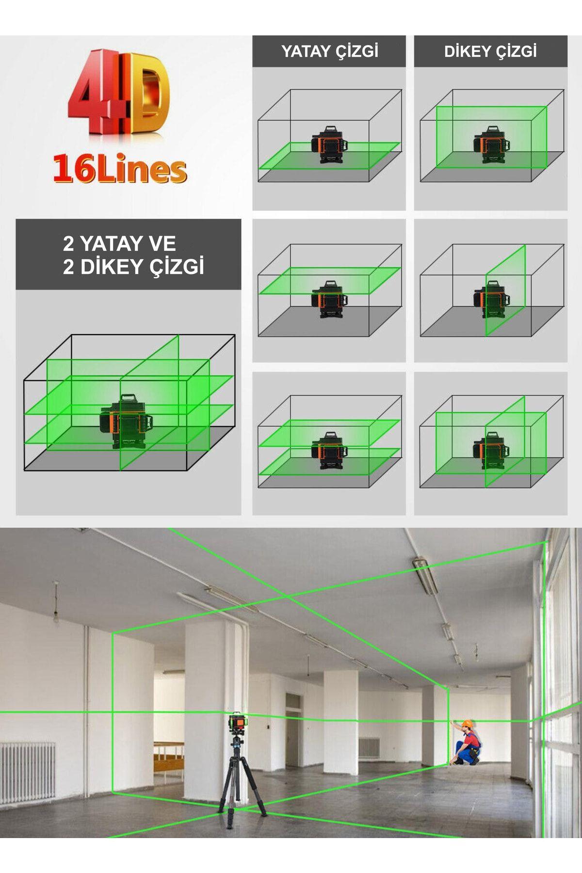Profesyonel 2x Li-on Batarya 4x360 16 Satır Otomatik Hizalama Çapraz Çizgi Lazer + Kumanda+tripod