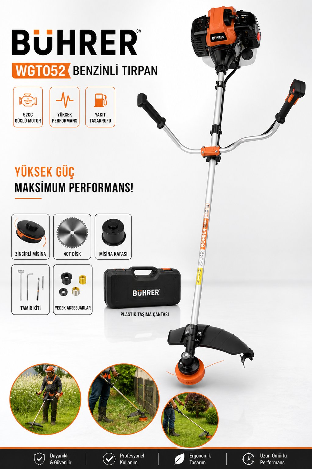 PROFESYONEL YAN TİPİ 3.5 HP 58CC KOMPAKT VE ERGONOMİK BENZİNLİ ÇİM BİÇME TIRPAN 